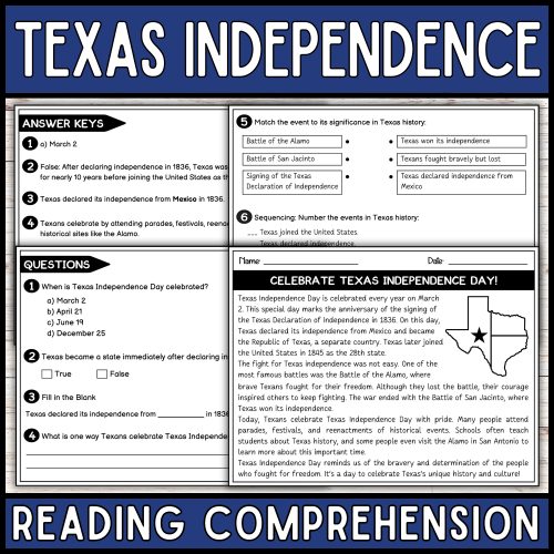 Texas Independence Day Reading Comprehension Passage | U.S History ...