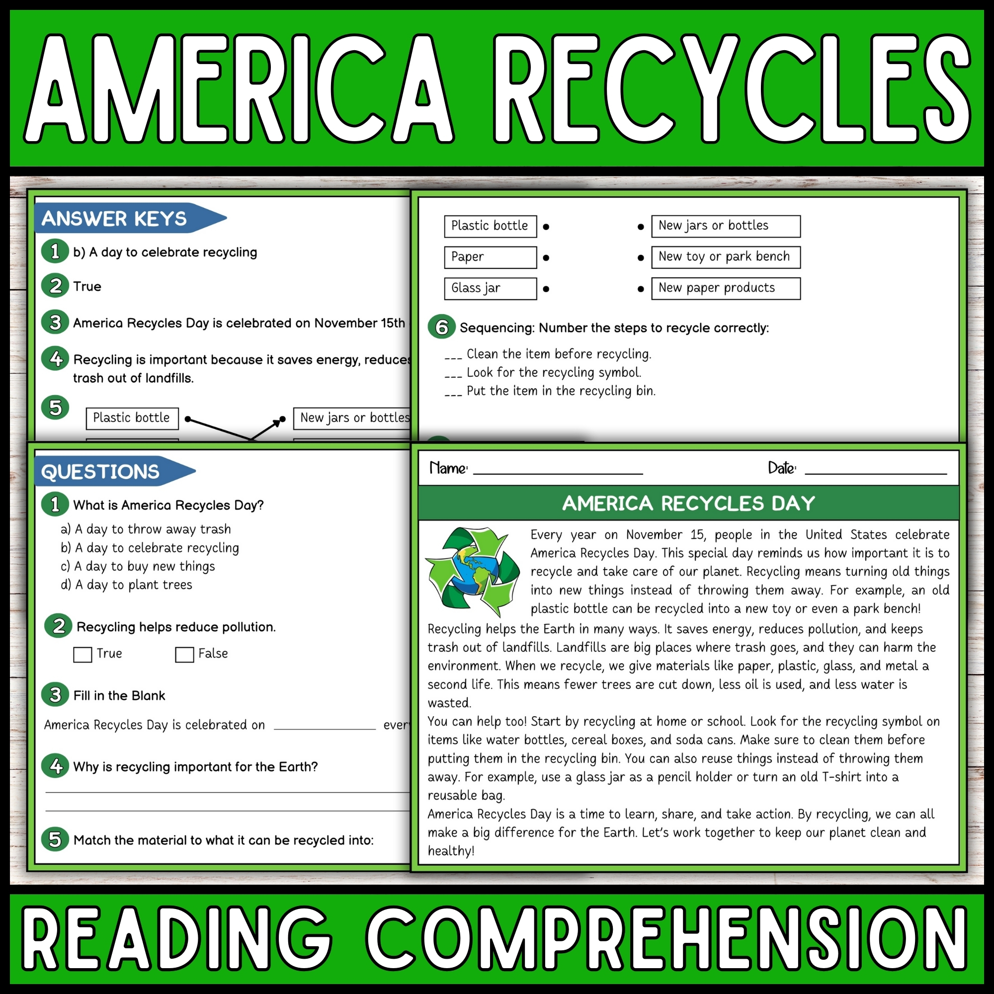 America Recycles Day Reading Passage | Earth Day Close Reading