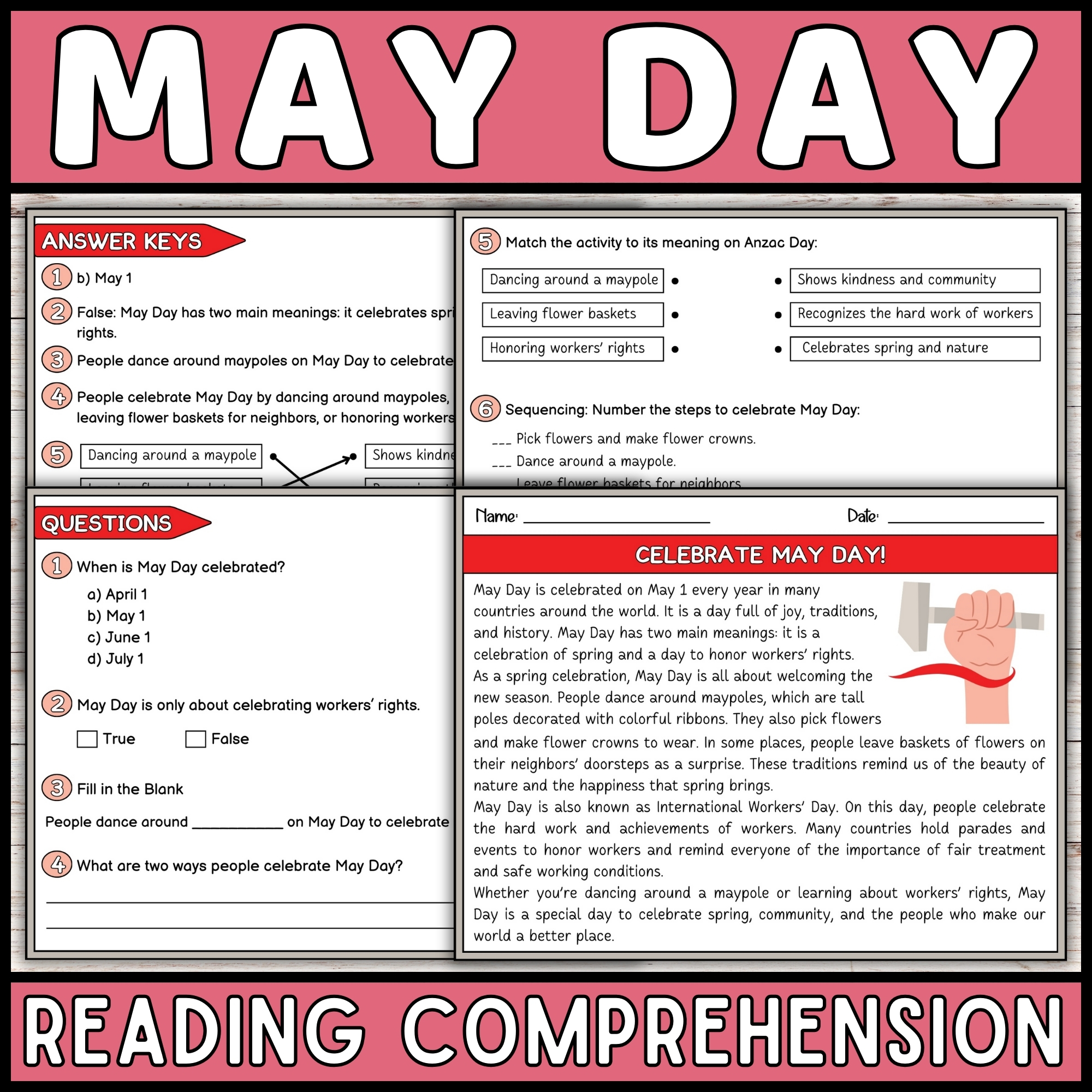 May Day Reading Comprehension Passage & Questions | Spring Festival Read Aloud Activities