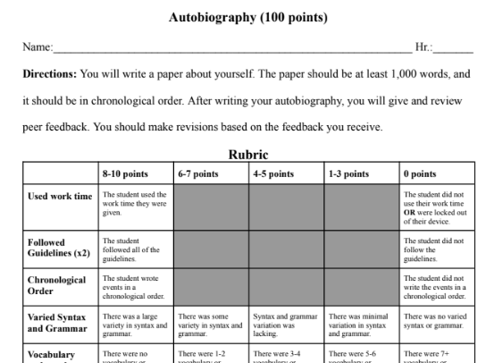 Autobiography Directions and Rubric