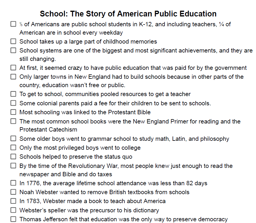 Beginning of Public School in America Notes