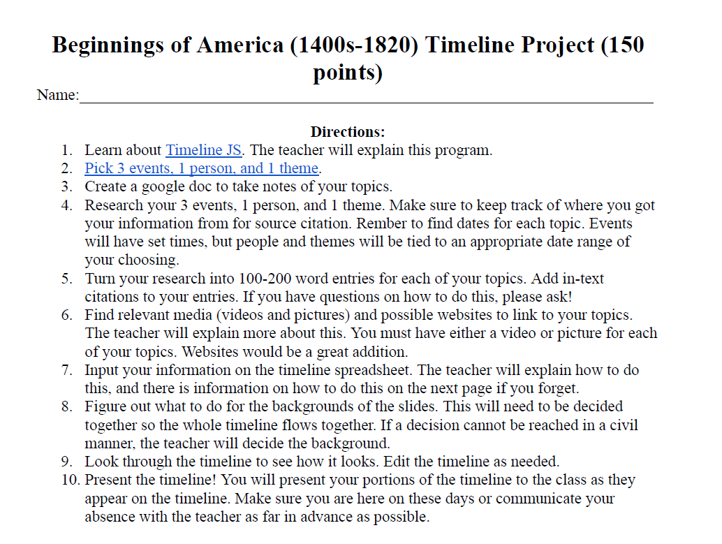 Beginnings of America Timeline Project (1400s-1820)