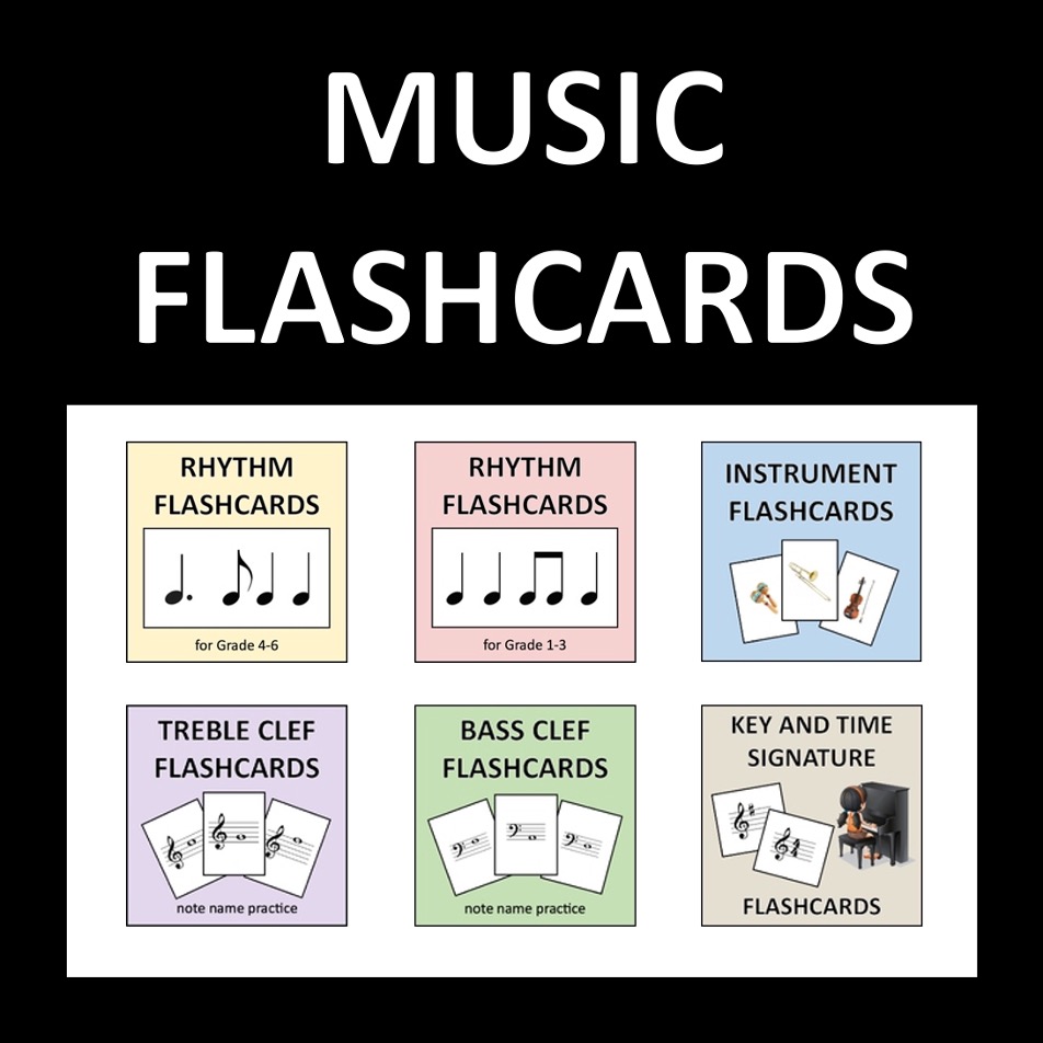 Music Flashcards Bundle - note names, rhythm, key signature, and instruments