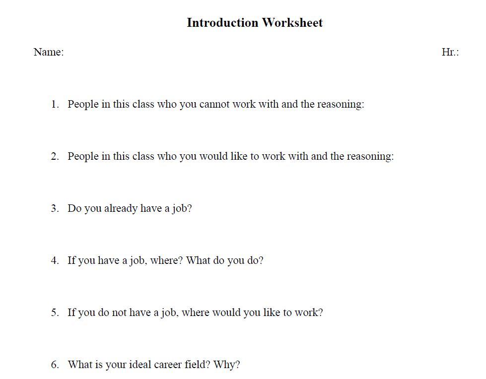 Career Introduction Worksheet