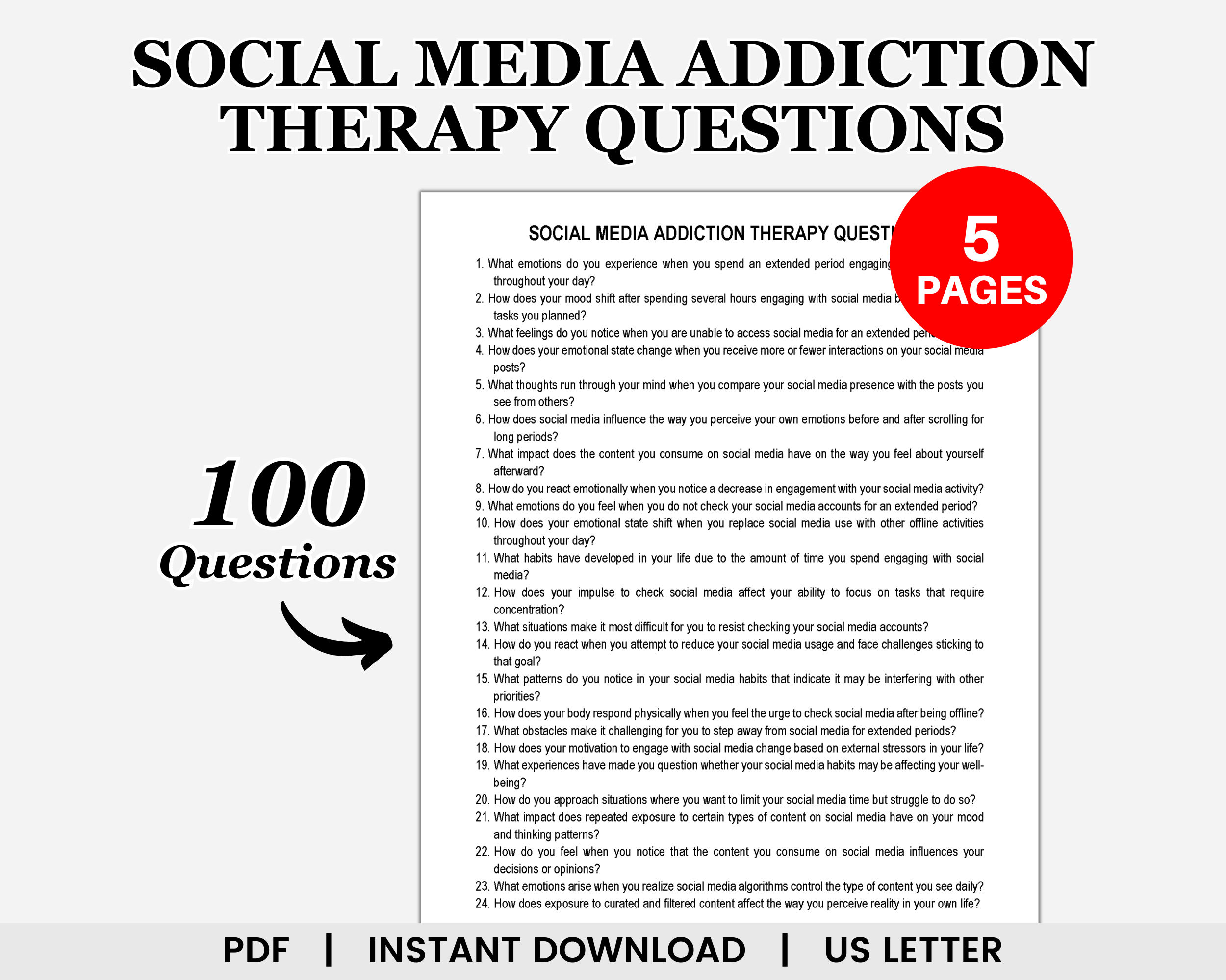 Social Media Addiction Therapy Questions, Phone Addiction, Burnout, Screen Time, Mindful Scrolling