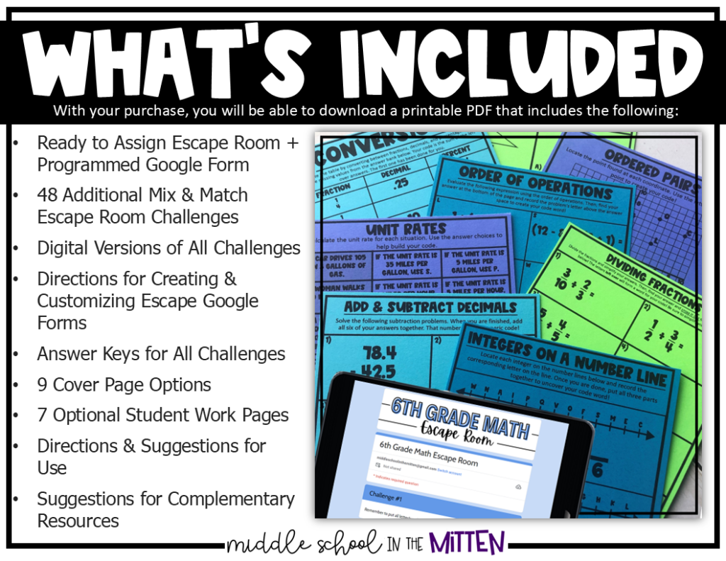 6th Grade Math Escape Room Year Round Review Back to School Activity ...