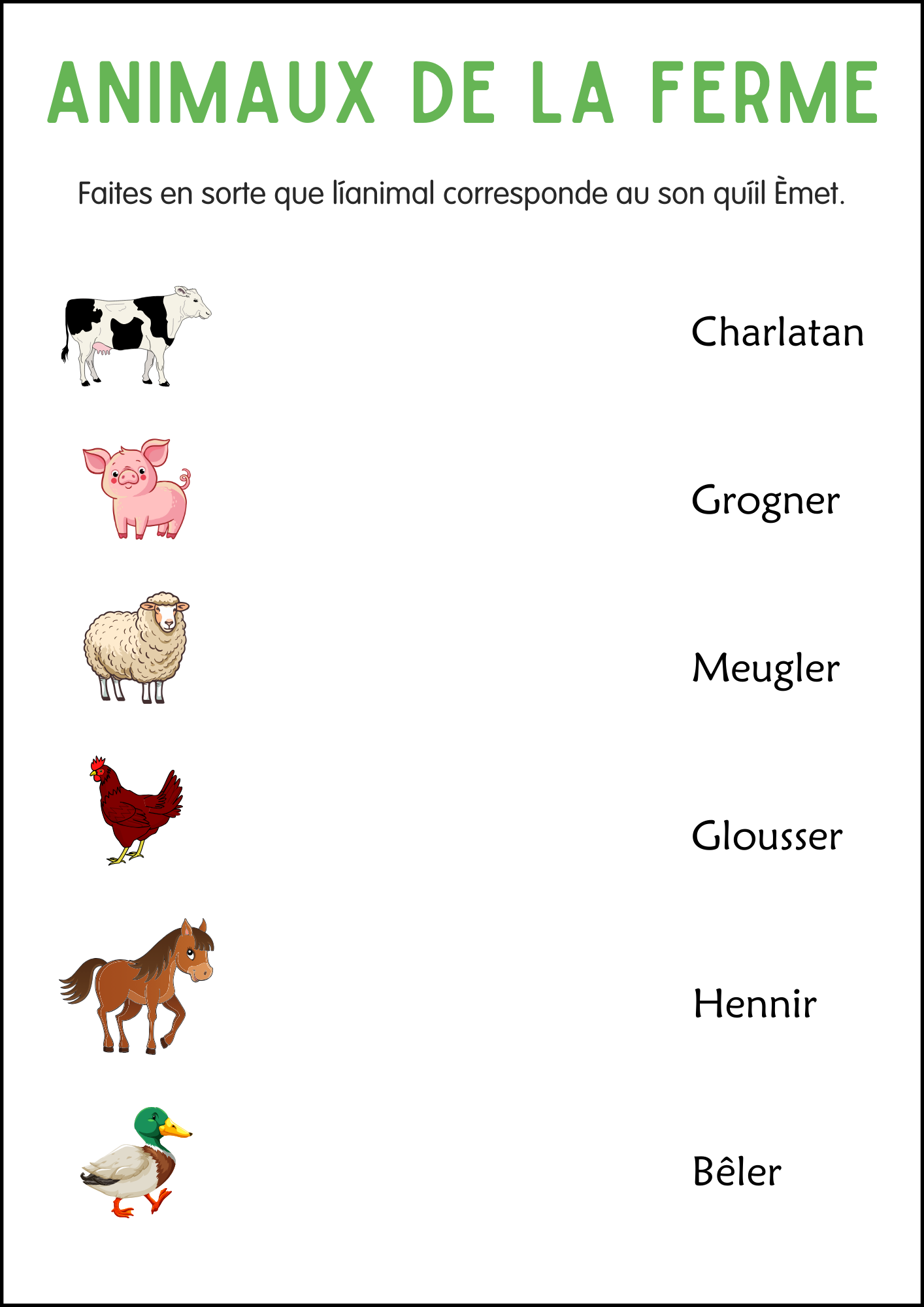Farm Animal Worksheet in French - Feuille de travail sur les animaux de ...