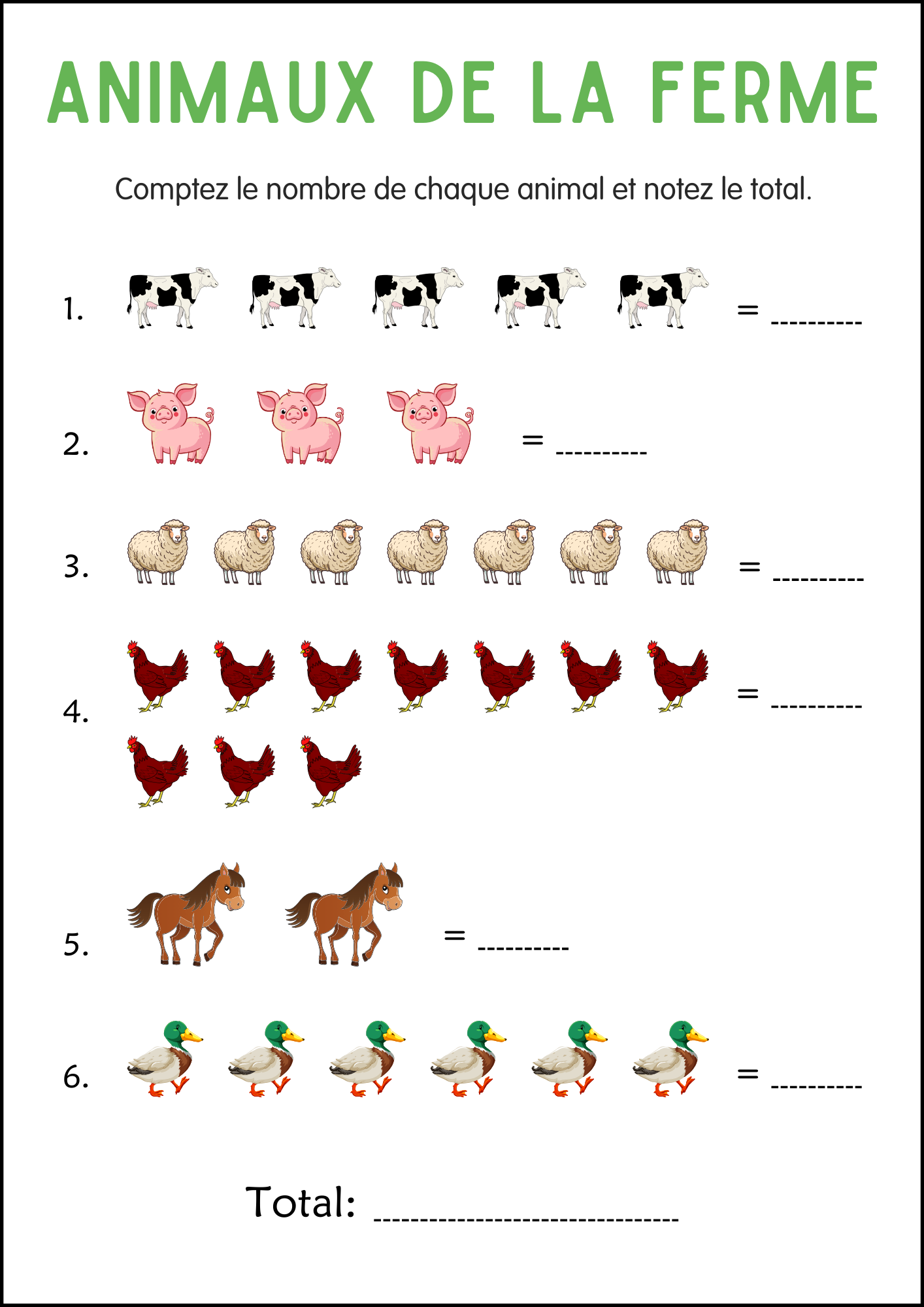 Farm Animal Worksheet in French - Feuille de travail sur les animaux de ...