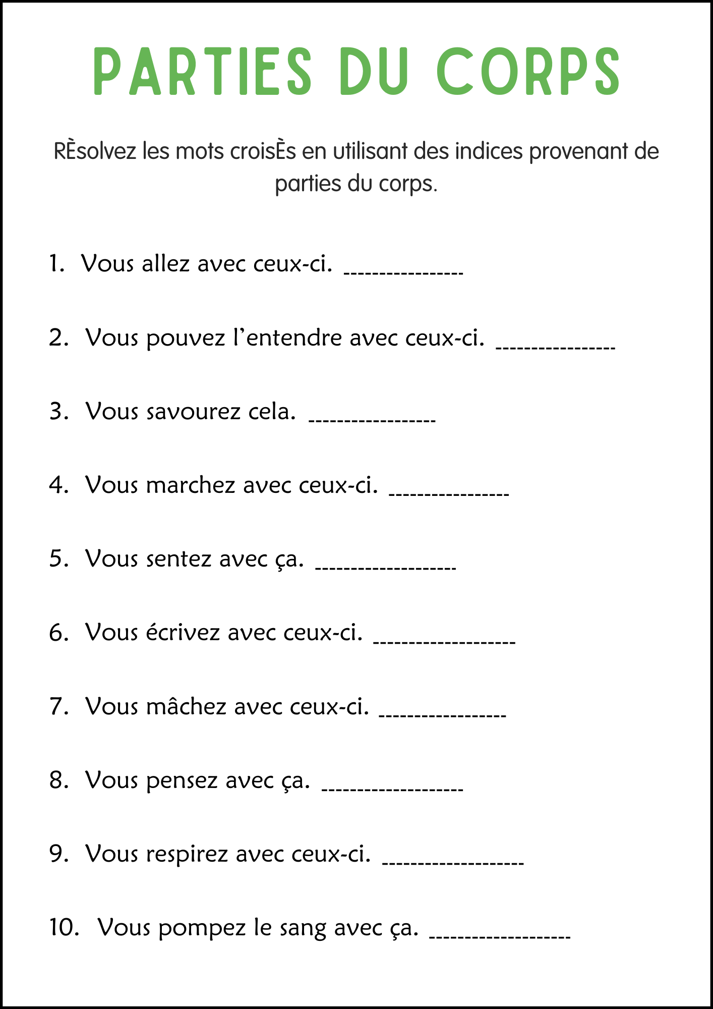 Human Body Parts Worksheets in French - Feuilles de Travail Sur les ...