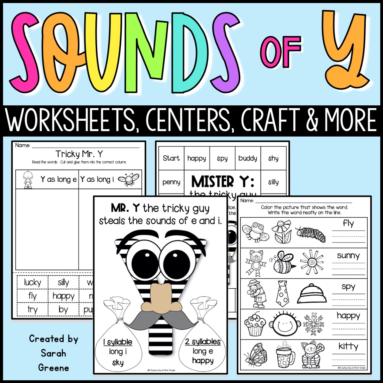 Vowel Sounds of Y Worksheets, Centers & Games