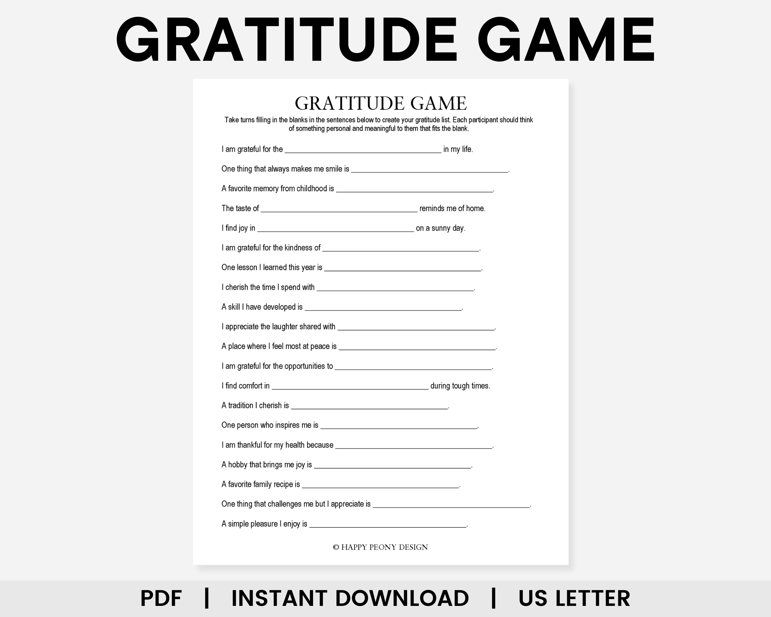 Gratitude Game List, Thanksgiving Game, Gratitude Activity, Icebreaker Game, Friendsgiving Game