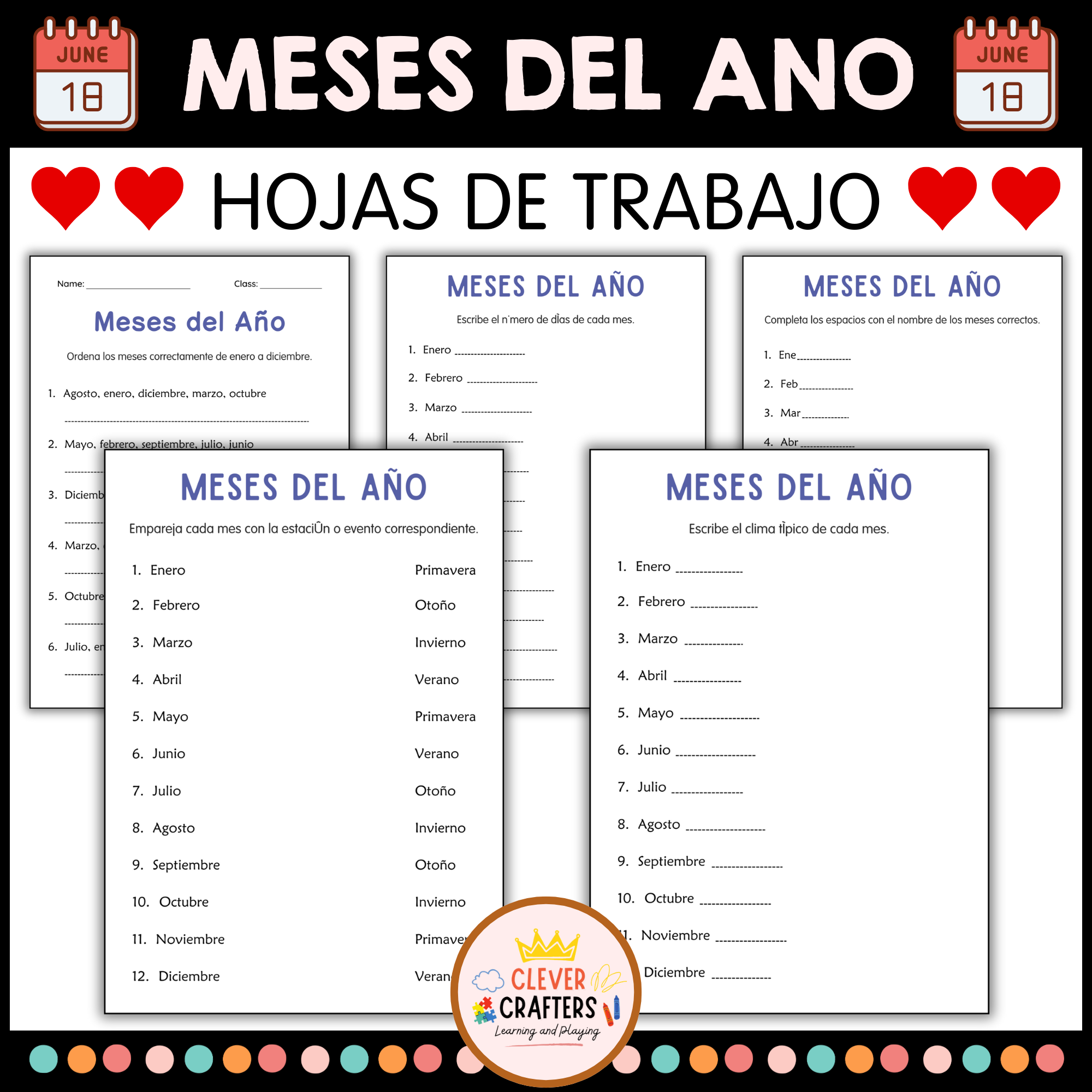 Months of the Year Worksheets in spanish - Hojas de Trabajo de los Meses del Año