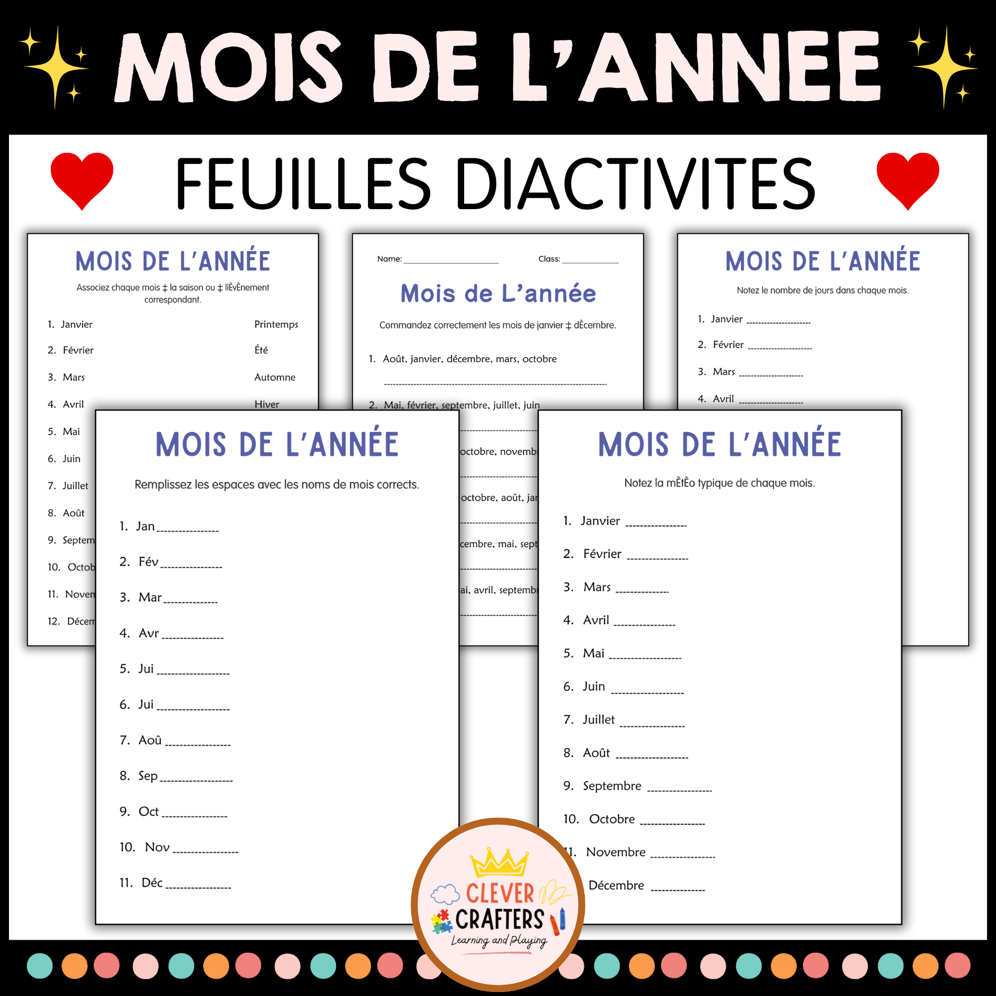 Months of the Year Worksheets in French - Mois de L’année Feuilles de Travail