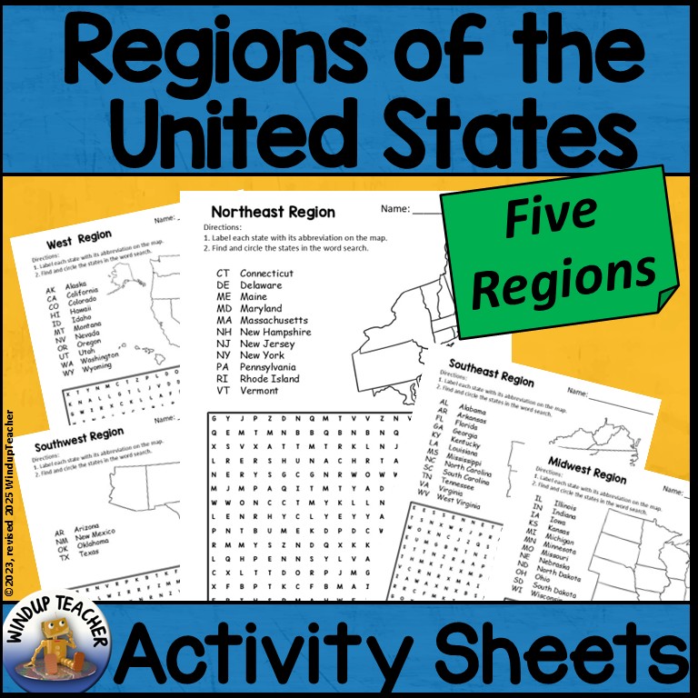 Regions of the United States Word Search and Activity Sheets