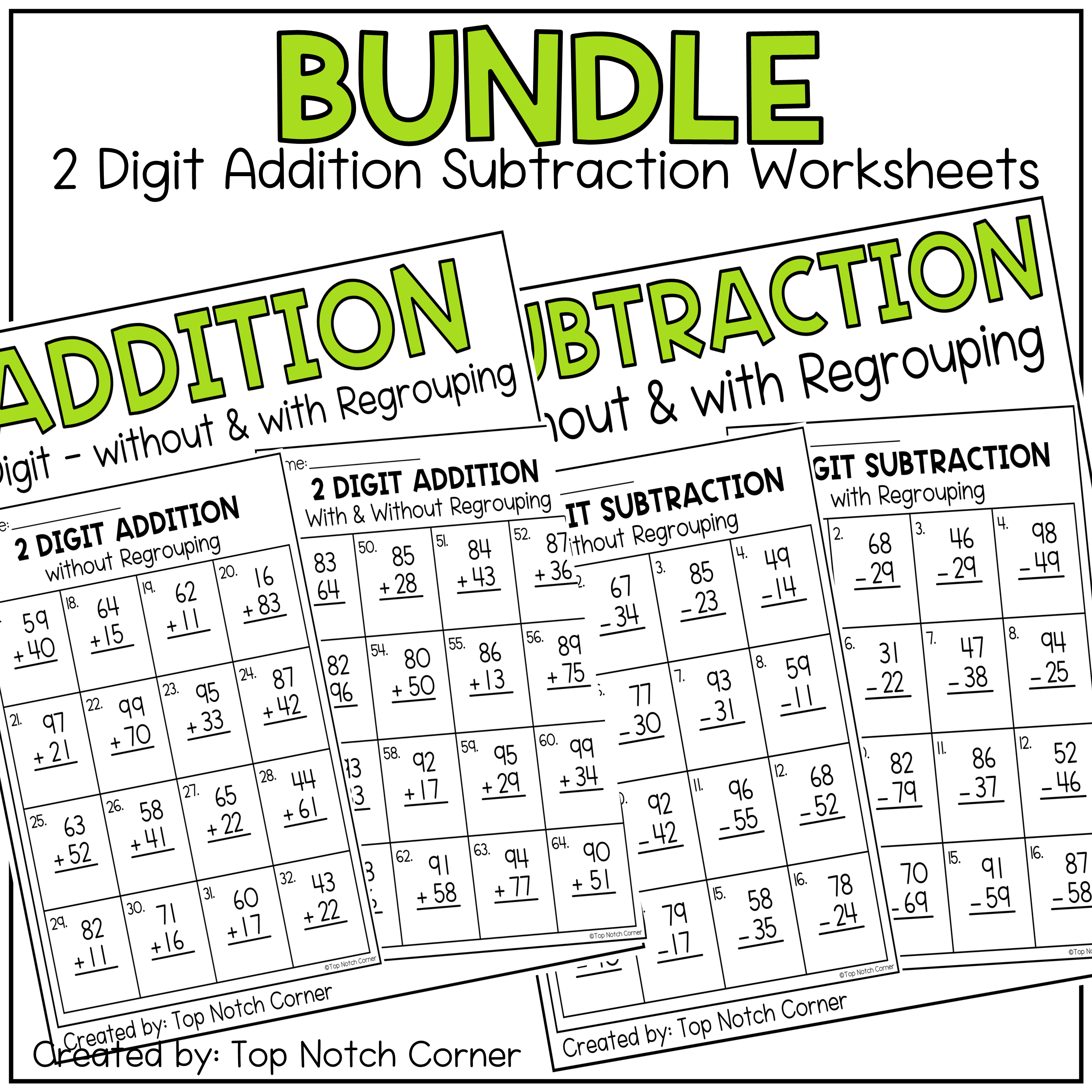 2 Digit Addition And Subtraction Worksheets With And Without Regrouping Math Bundle