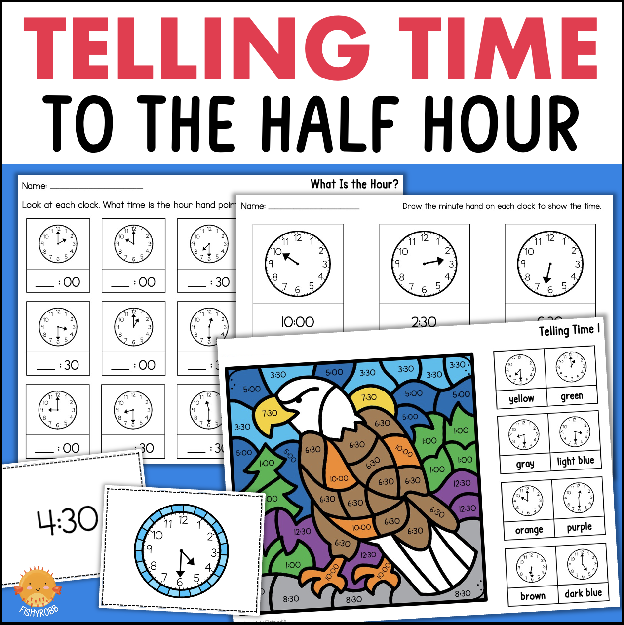 Telling Time to the Half Hour Worksheets Posters Matching Color By Number