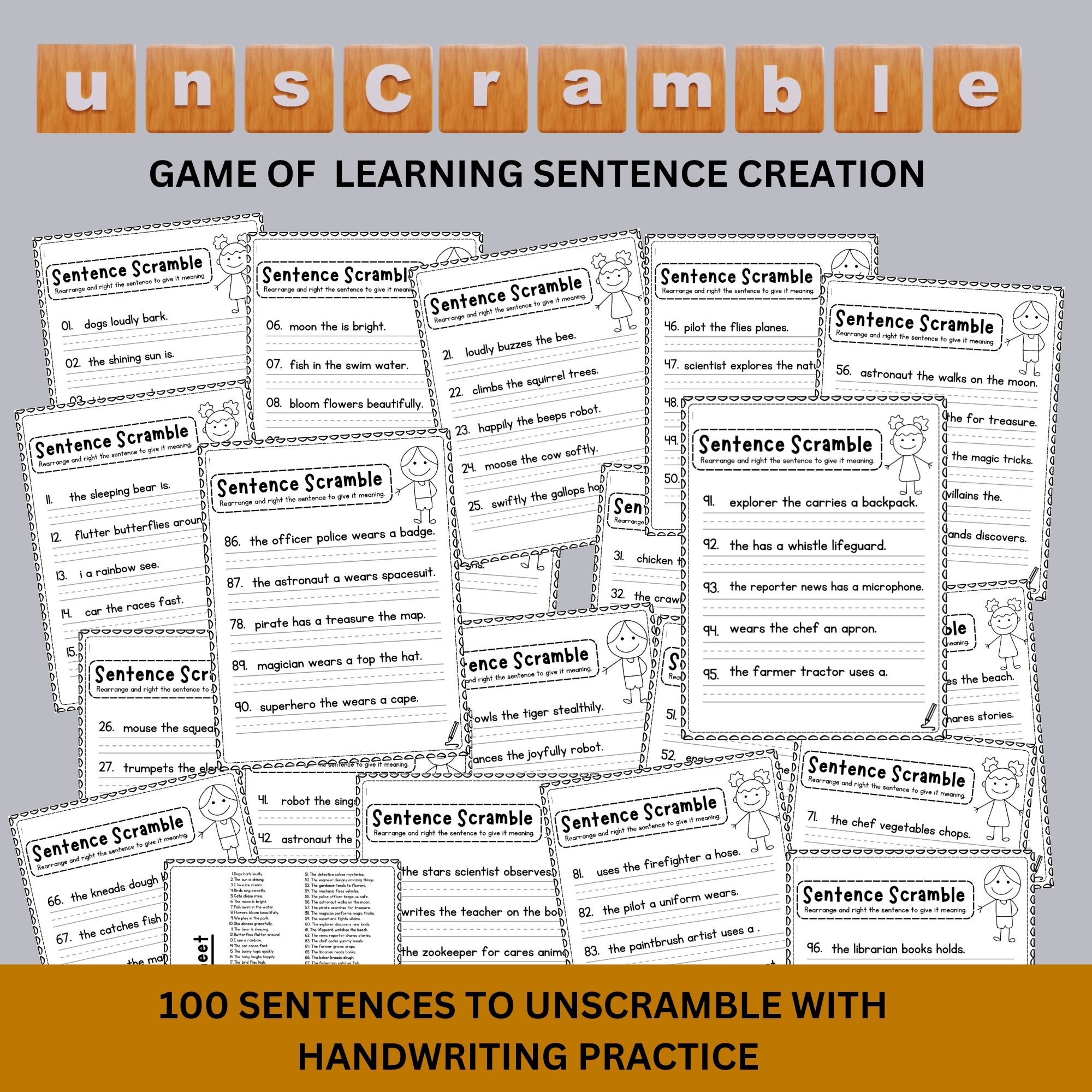 100 Sentence Writing Practice Worksheets | Printable Unscramble & Sentence Activity | 1st-3rd Grade