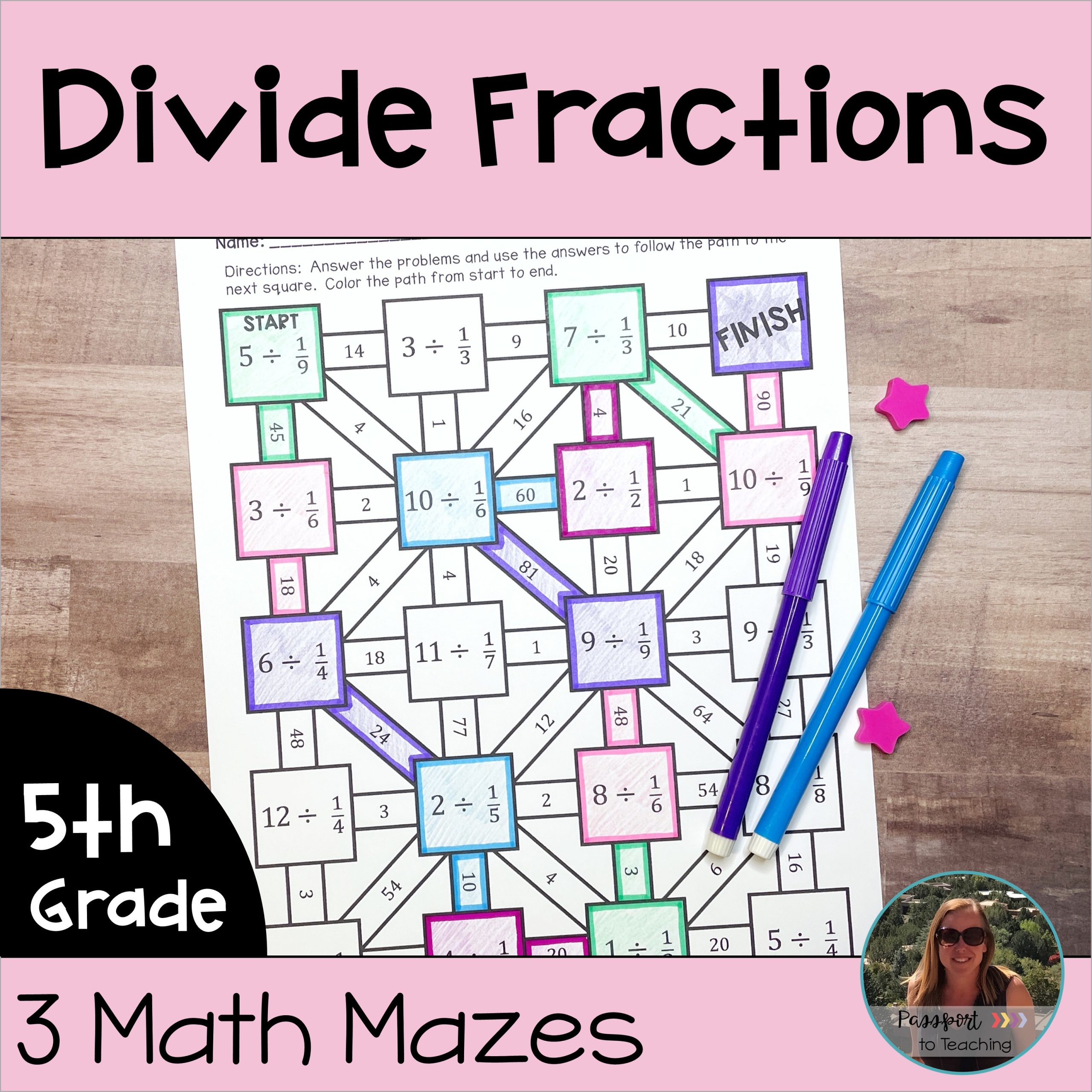 Dividing Fractions Including Word Problems Math Maze Worksheets - 5th Grade