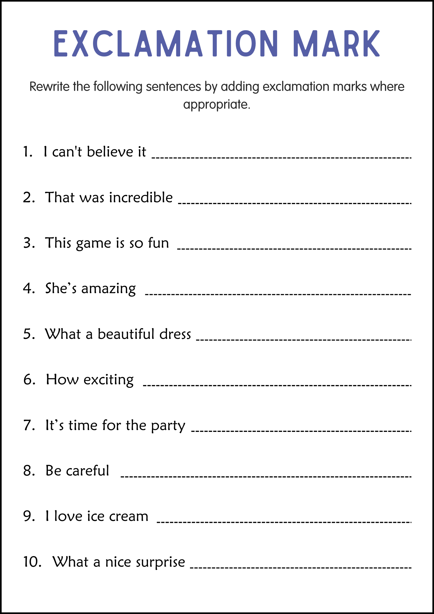 Printable Exclamation Mark Grammar Worksheets - Exclamatory Sentence ...