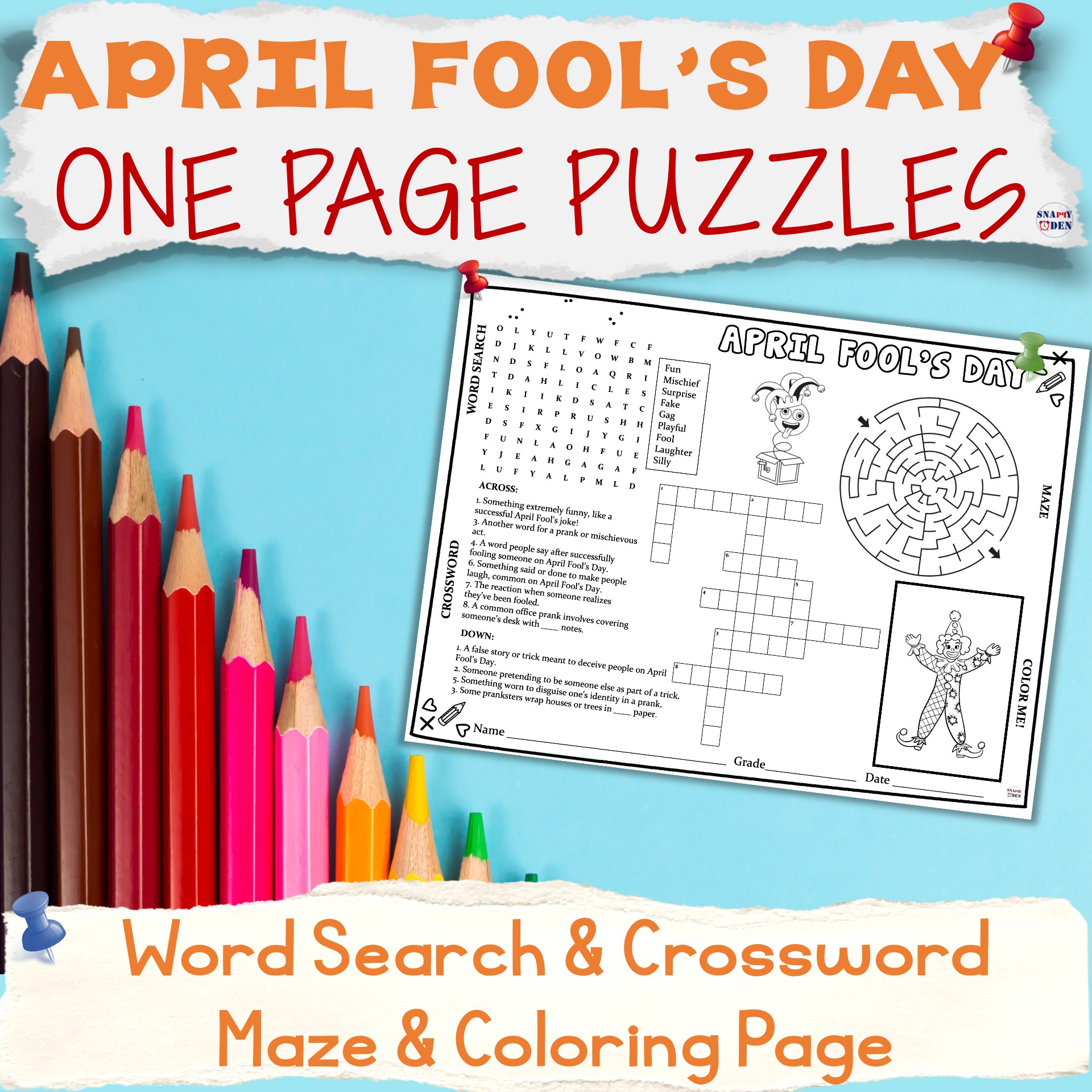 April Fools Day Activities Placemat Word Search Crossword Maze Coloring Puzzles