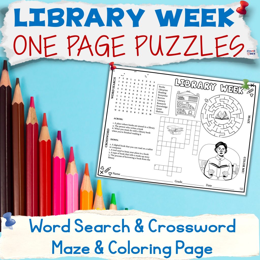 Library Week Activities Placemat Word Search Crossword Maze Coloring ...