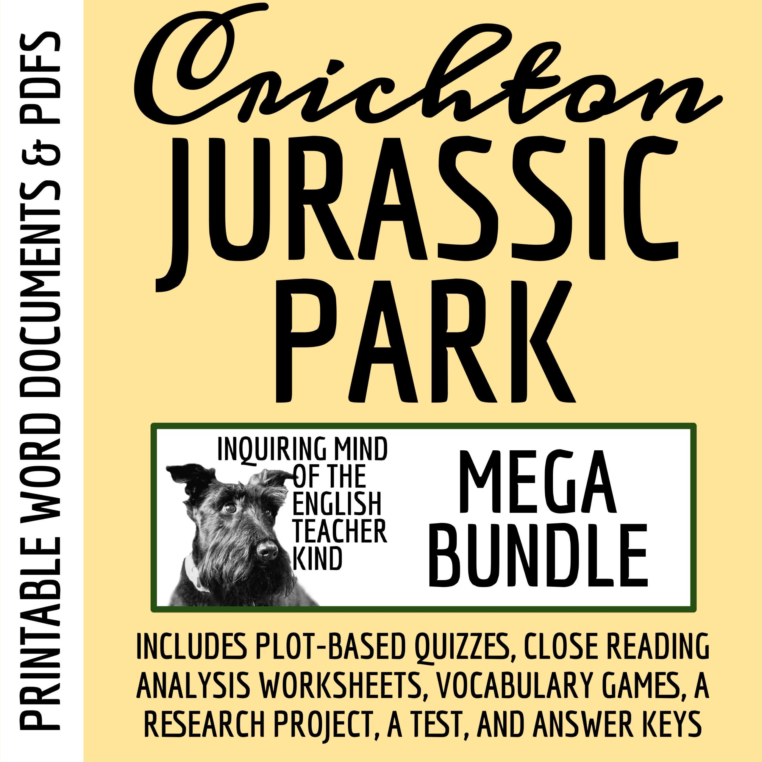Jurassic Park Quizzes, Close Reading Worksheets, Vocabulary Games, Project, and Test