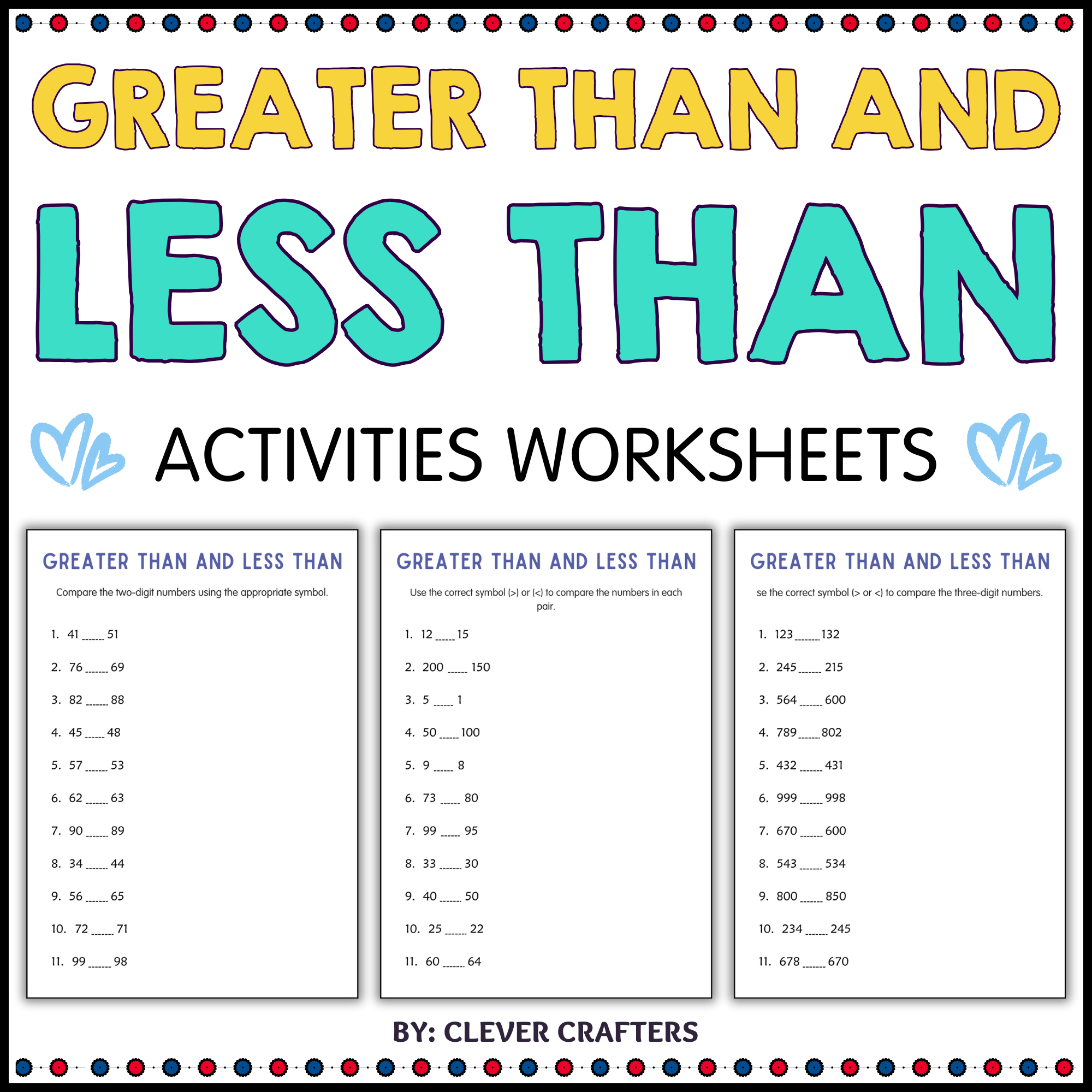 Greater Than Less Than Worksheets - 2 Digit and 3 Digit Comparing Numbers