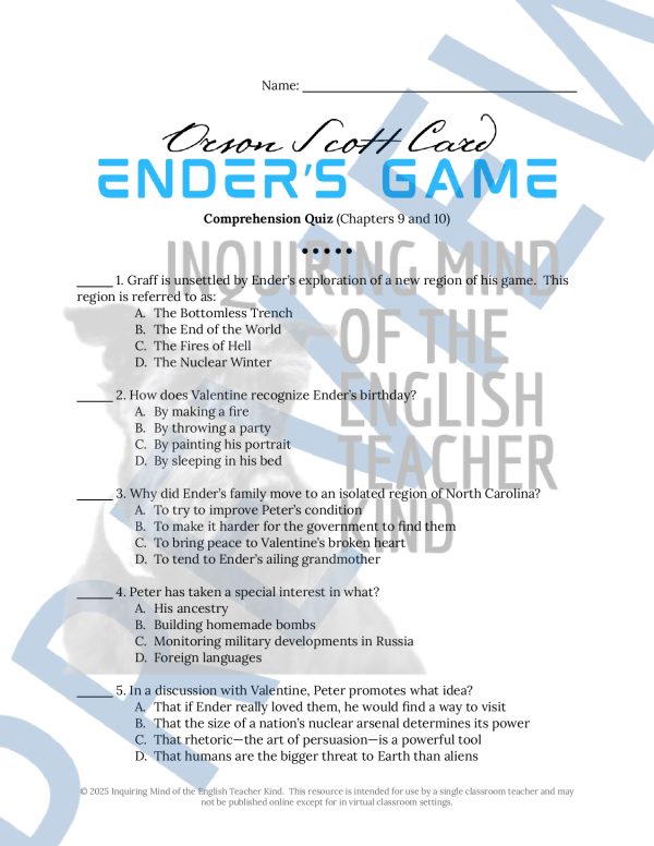 Ender's Game Chapters 9 and 10 Quiz and Answer Key - Made By Teachers