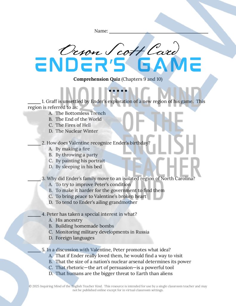 Ender's Game Chapters 9 and 10 Quiz and Answer Key - Made By Teachers