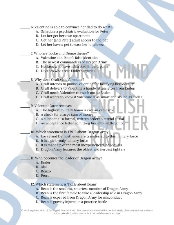 Ender's Game Chapters 9 and 10 Quiz and Answer Key - Made By Teachers