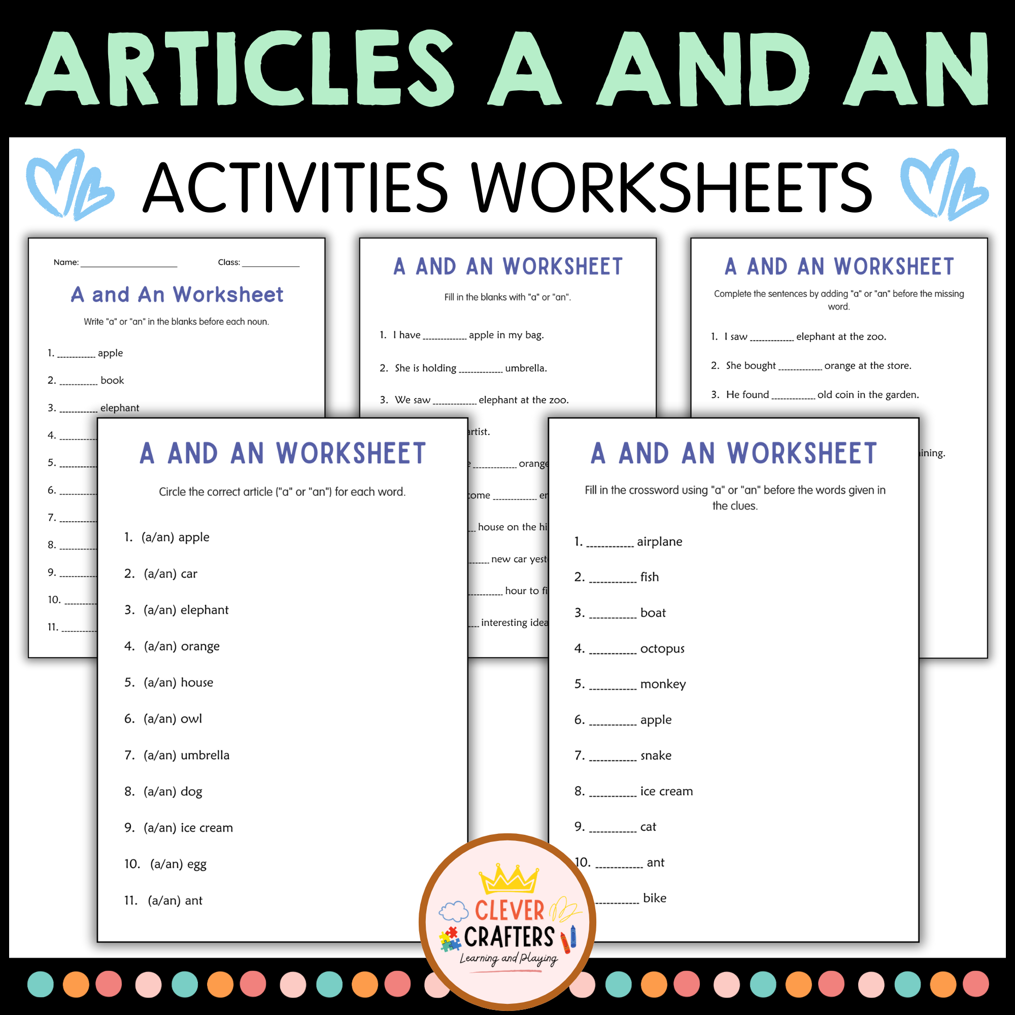 Printable Article A and An Grammar Worksheets for Grade 1, 2, 3