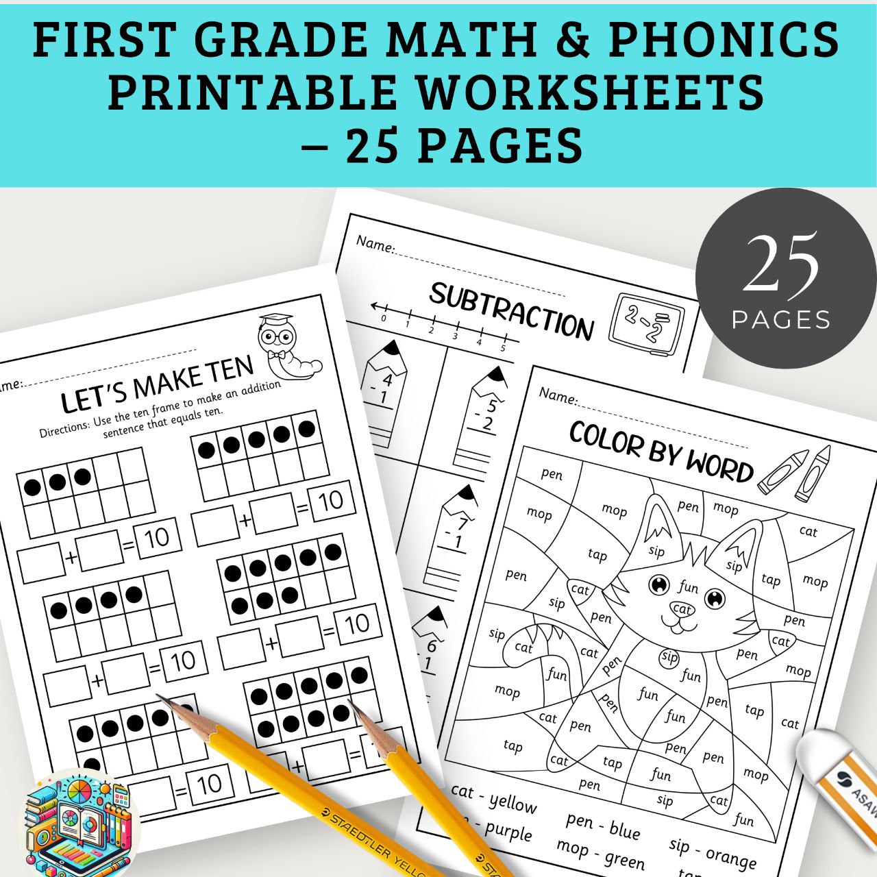 First Grade Math & Phonics Printable Worksheets – 25 Pages