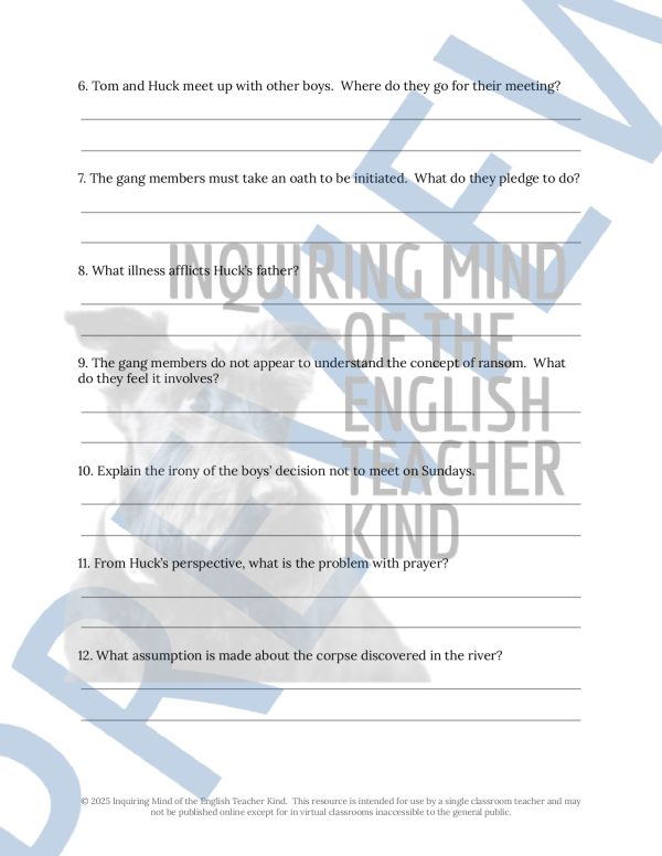 The Adventures of Huckleberry Finn Quiz and Answer Key (Chapters 1 ...