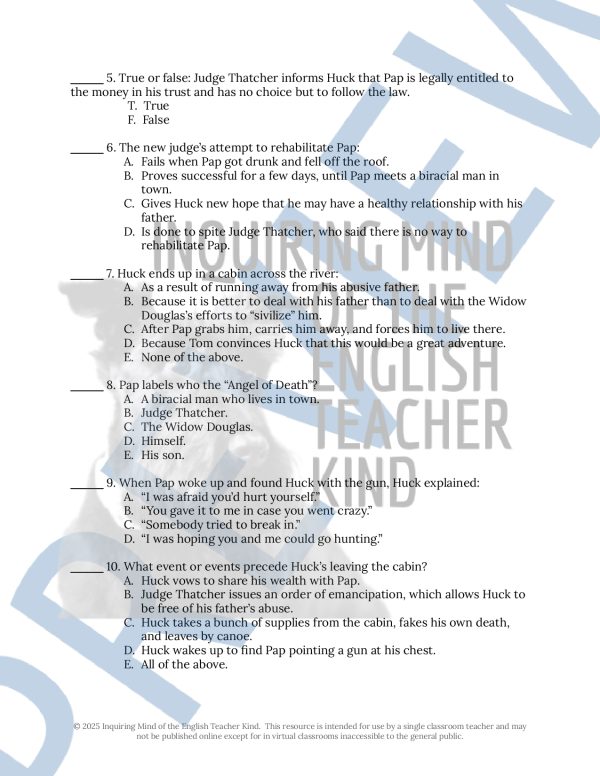 The Adventures of Huckleberry Finn Quiz and Answer Key (Chapters 4 ...