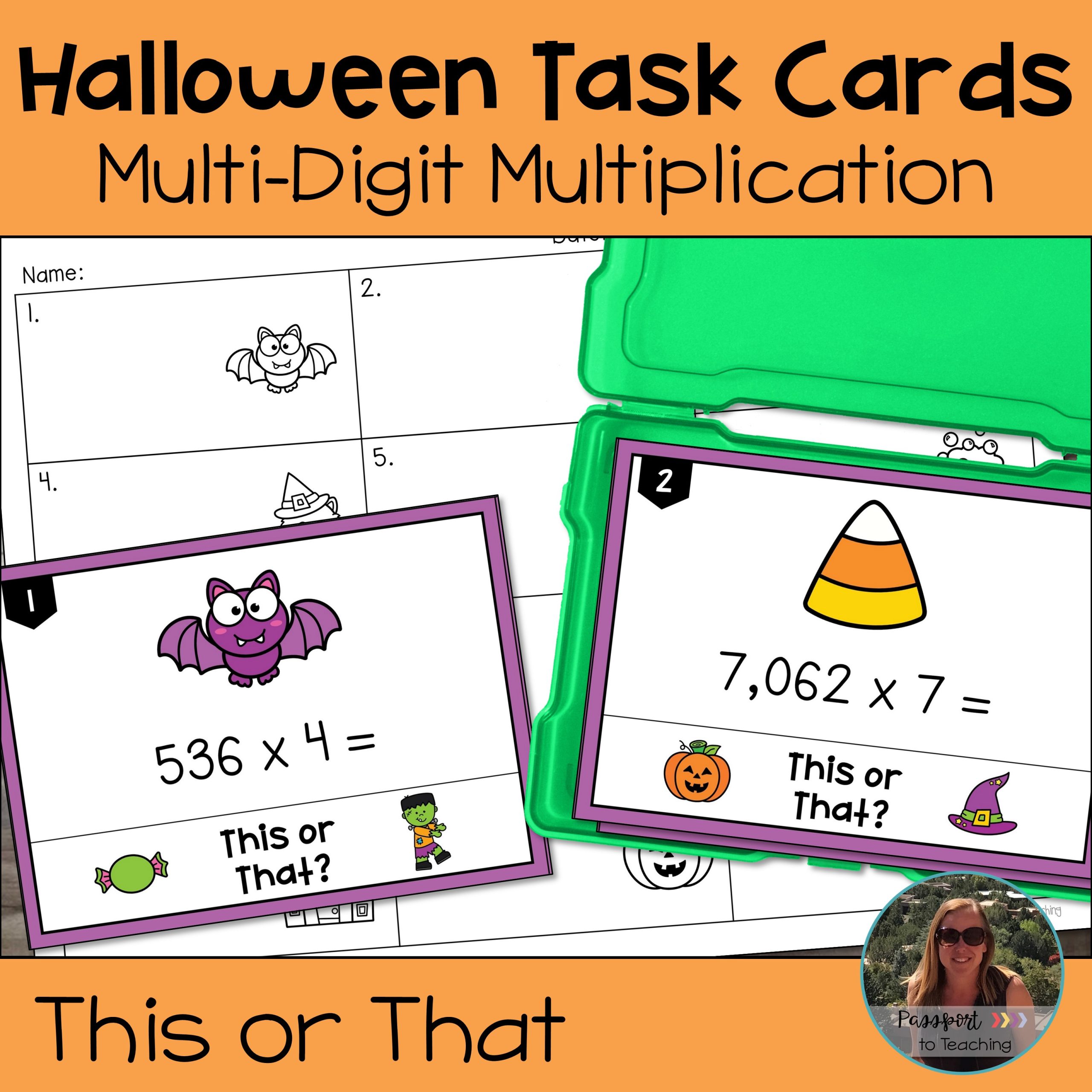 Halloween Multi-Digit Multiplication Task Cards 4th Grade - This or That