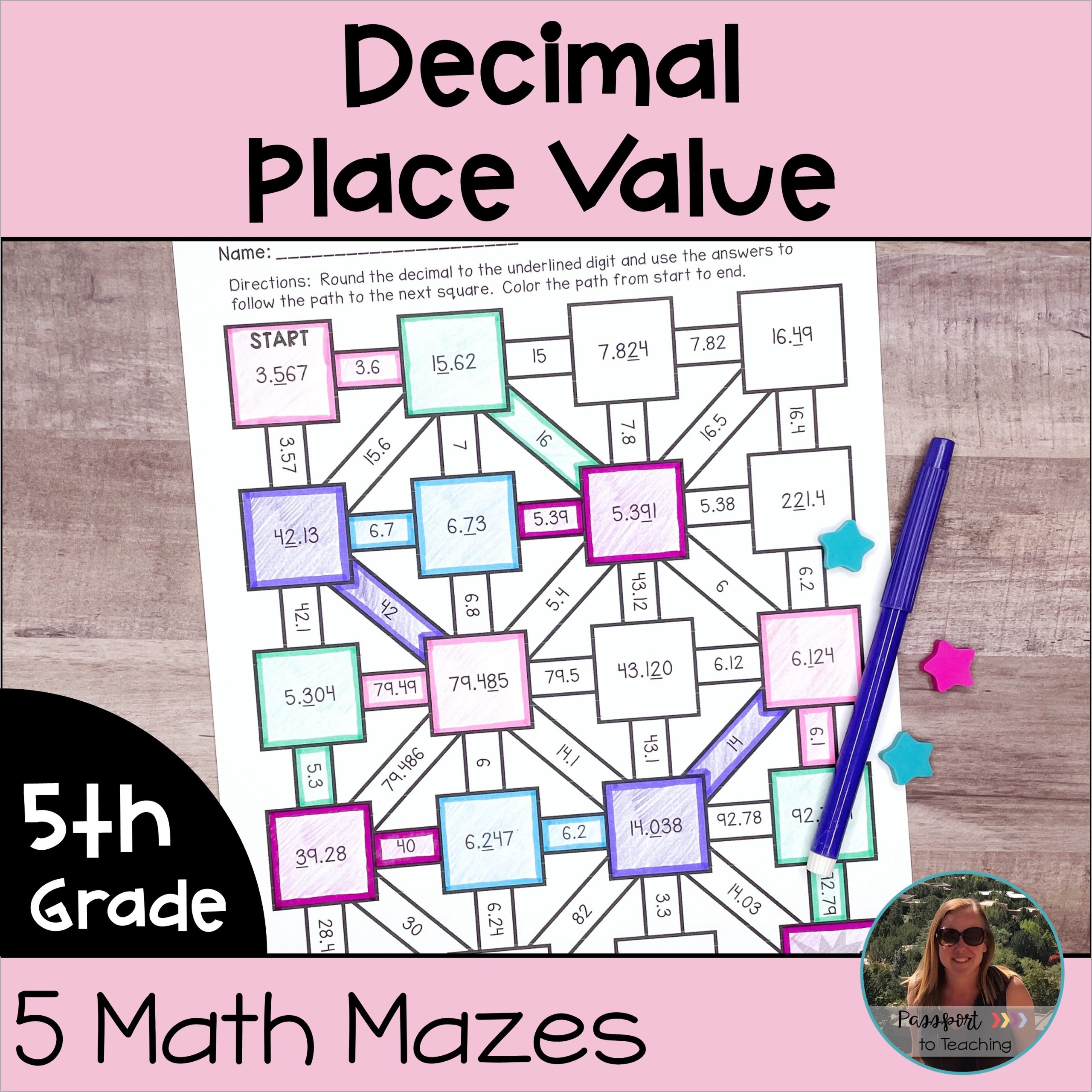 Decimal Place Value Math Maze Worksheets - 5th Grade