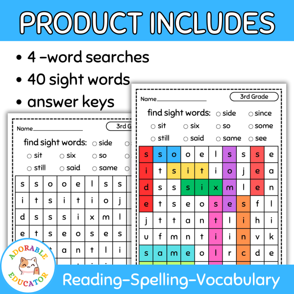 3rd Grade Sight Word | Word Search Worksheets Back to School Activity ...