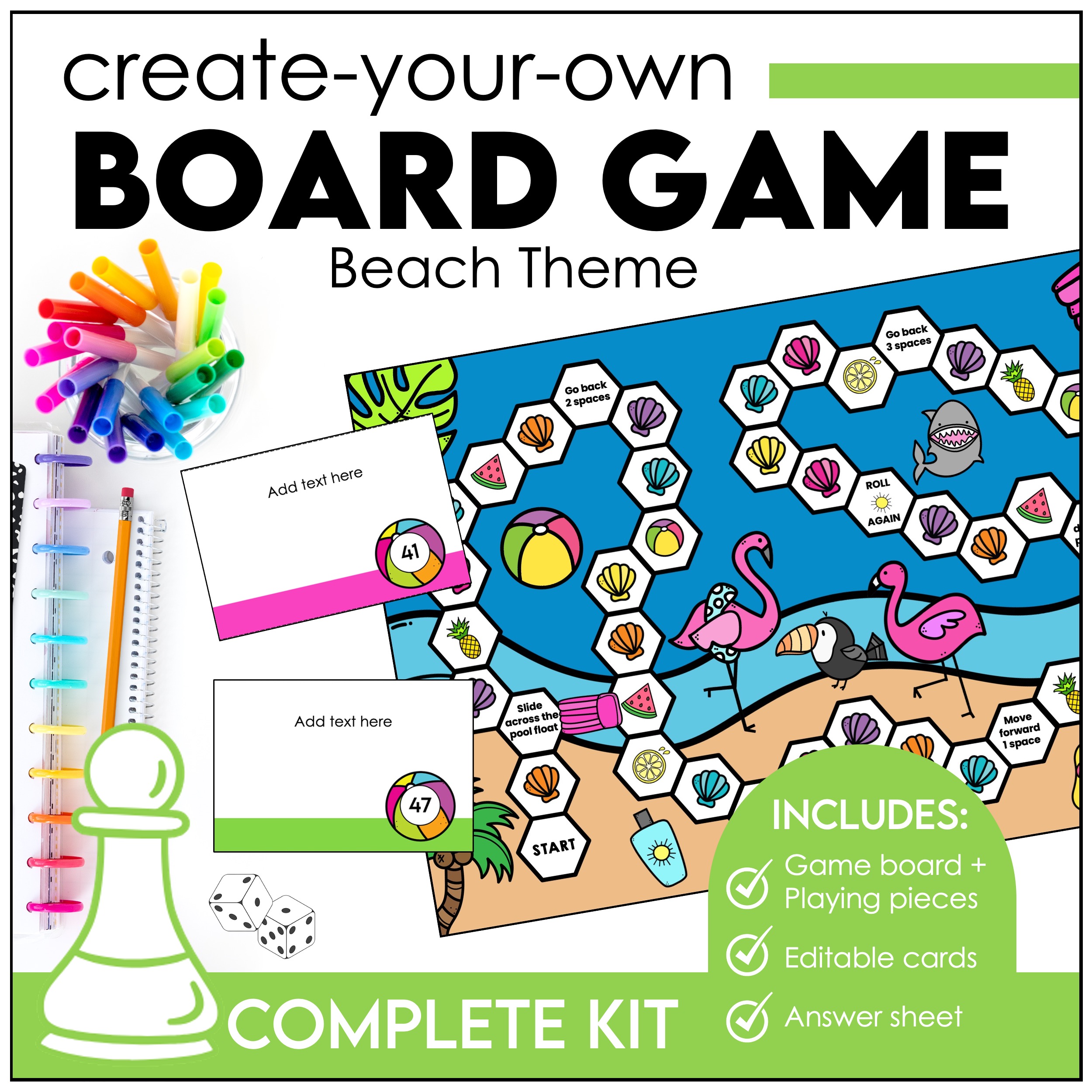 Board Game Template for any Subject with Editable Game Cards - Beach Theme
