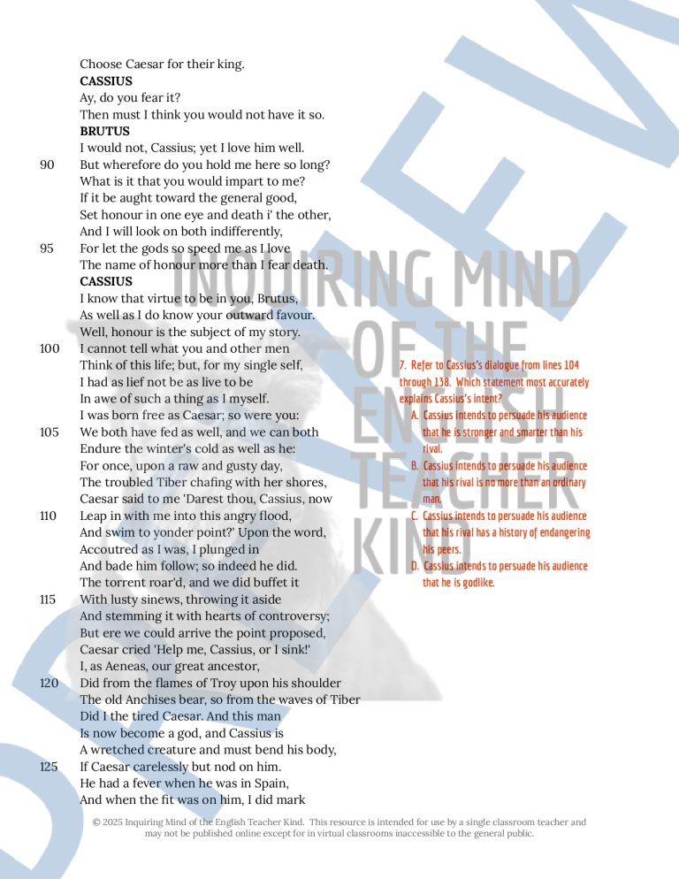 Julius Caesar Act 1 Scene 2 Close Reading Analysis Worksheet and Answer ...