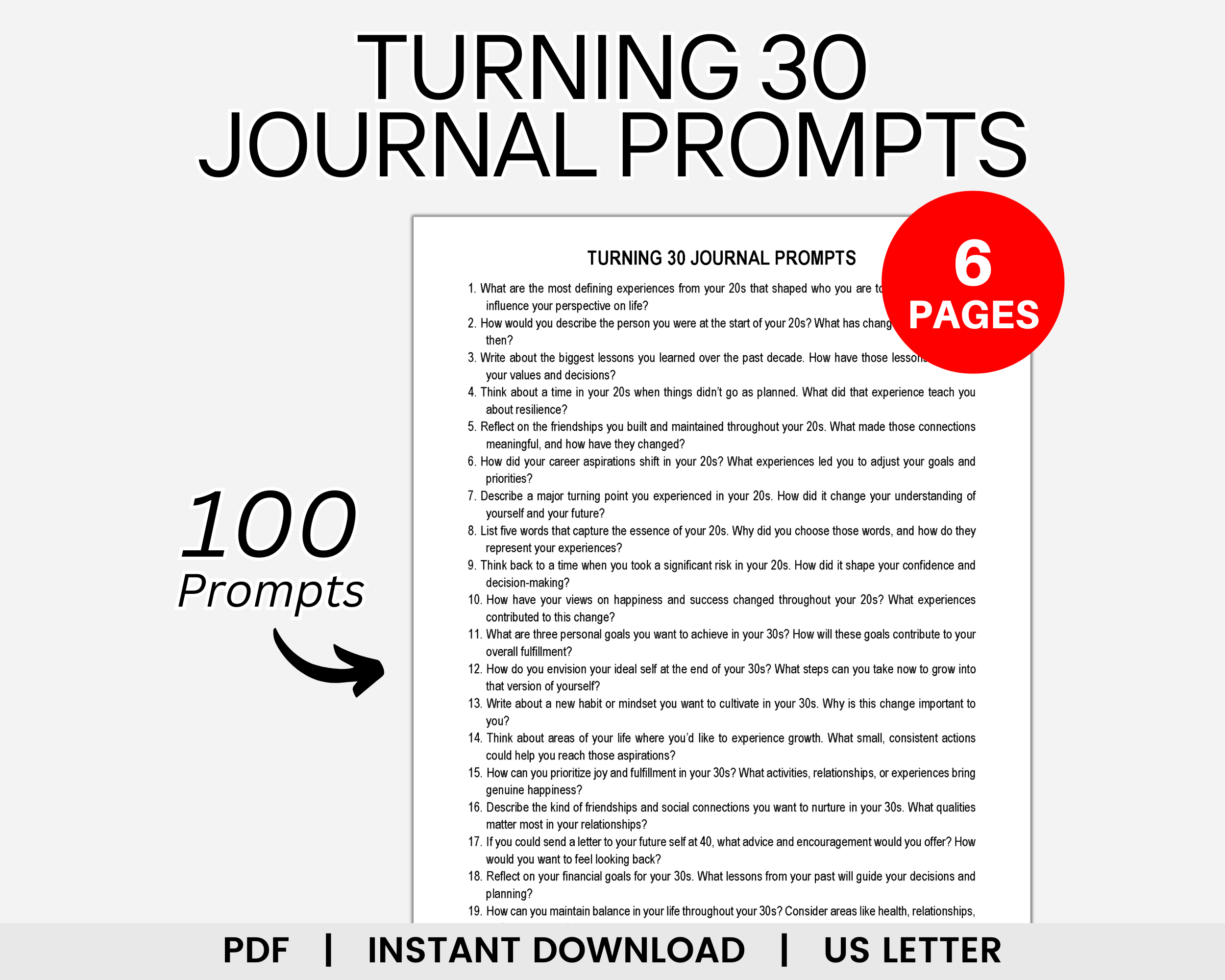 Turning 30 Journal Prompts, 30th Birthday, Birthday Journal, Bucket List, Life Goals, Self Growth