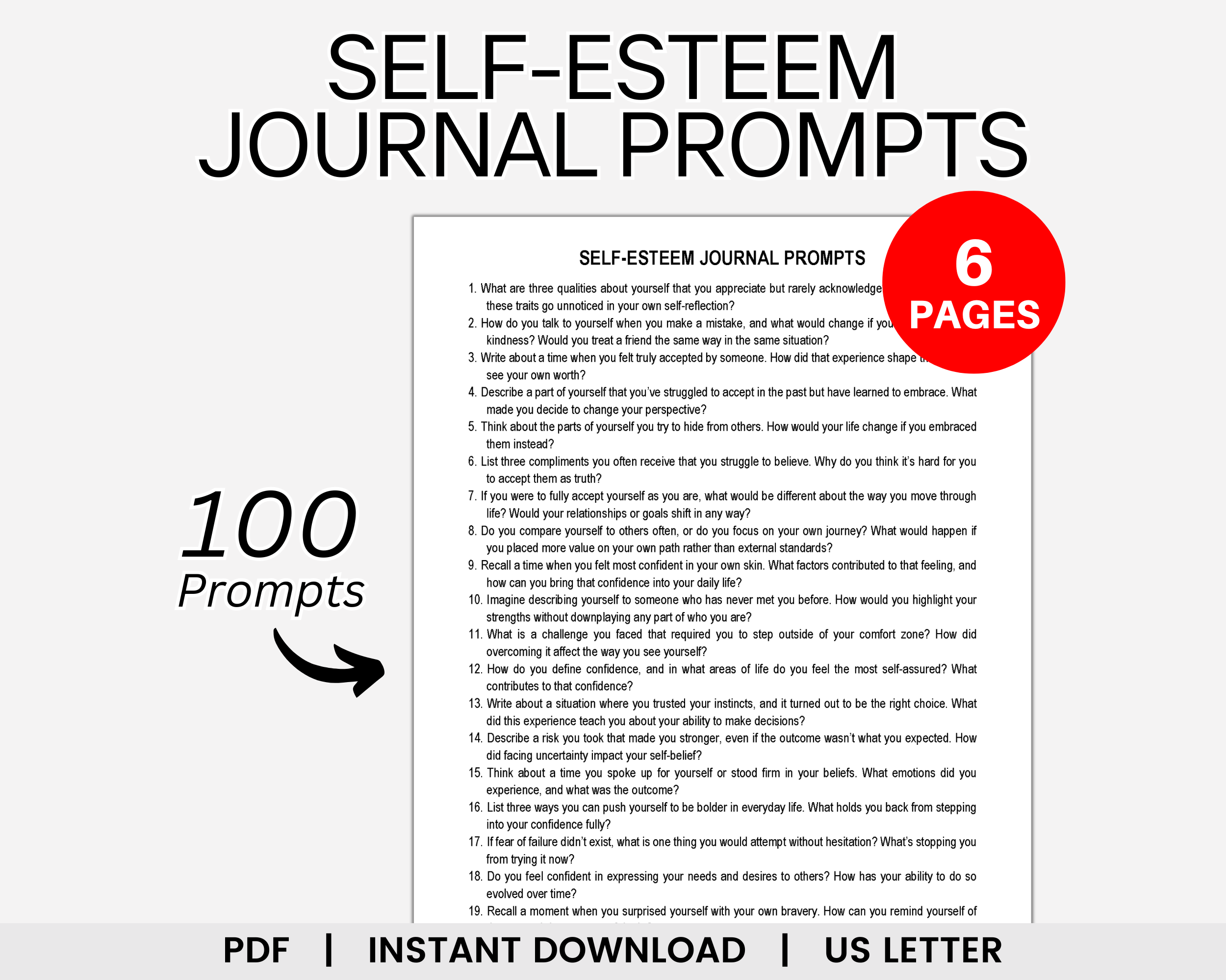 Self Esteem Journal Prompts, Journal Prompts for Self Esteem, Self Confidence, Self Worth