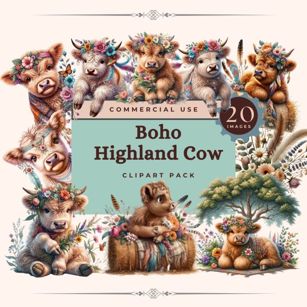 Boho Highland Cow Clipart – Floral Farmhouse Cow PNG – Rustic Animal ...