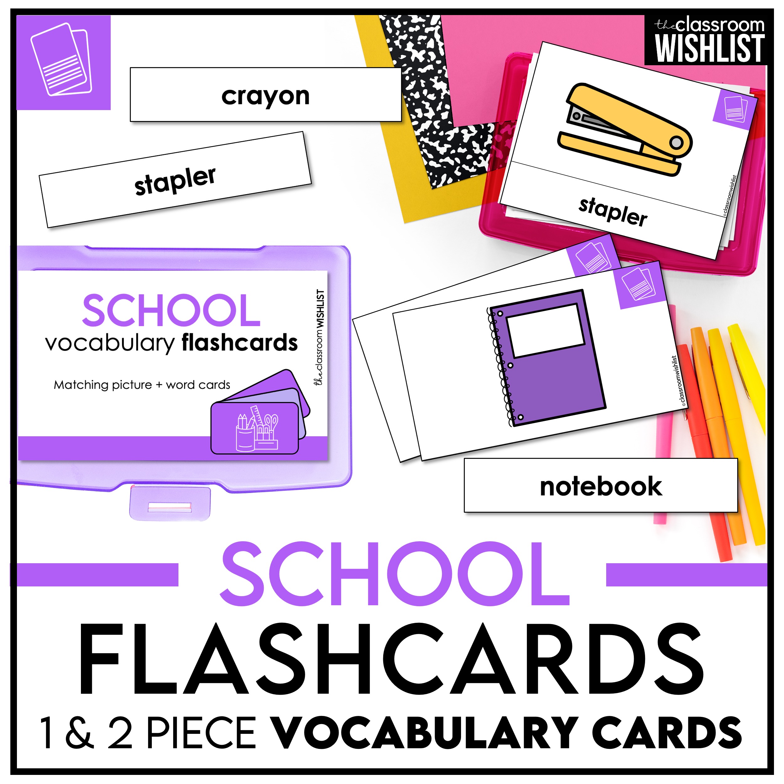 School Supplies Vocabulary English Flashcards ESL ELL Young Learners, Newcomers