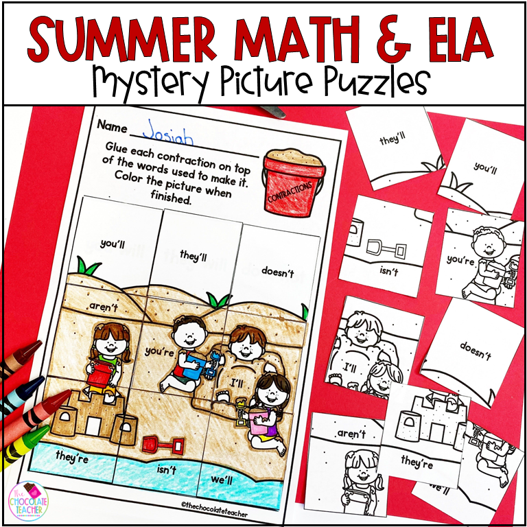 Math Phonics Grammar Worksheets - Summer - End of Year - No Prep Picture Puzzles