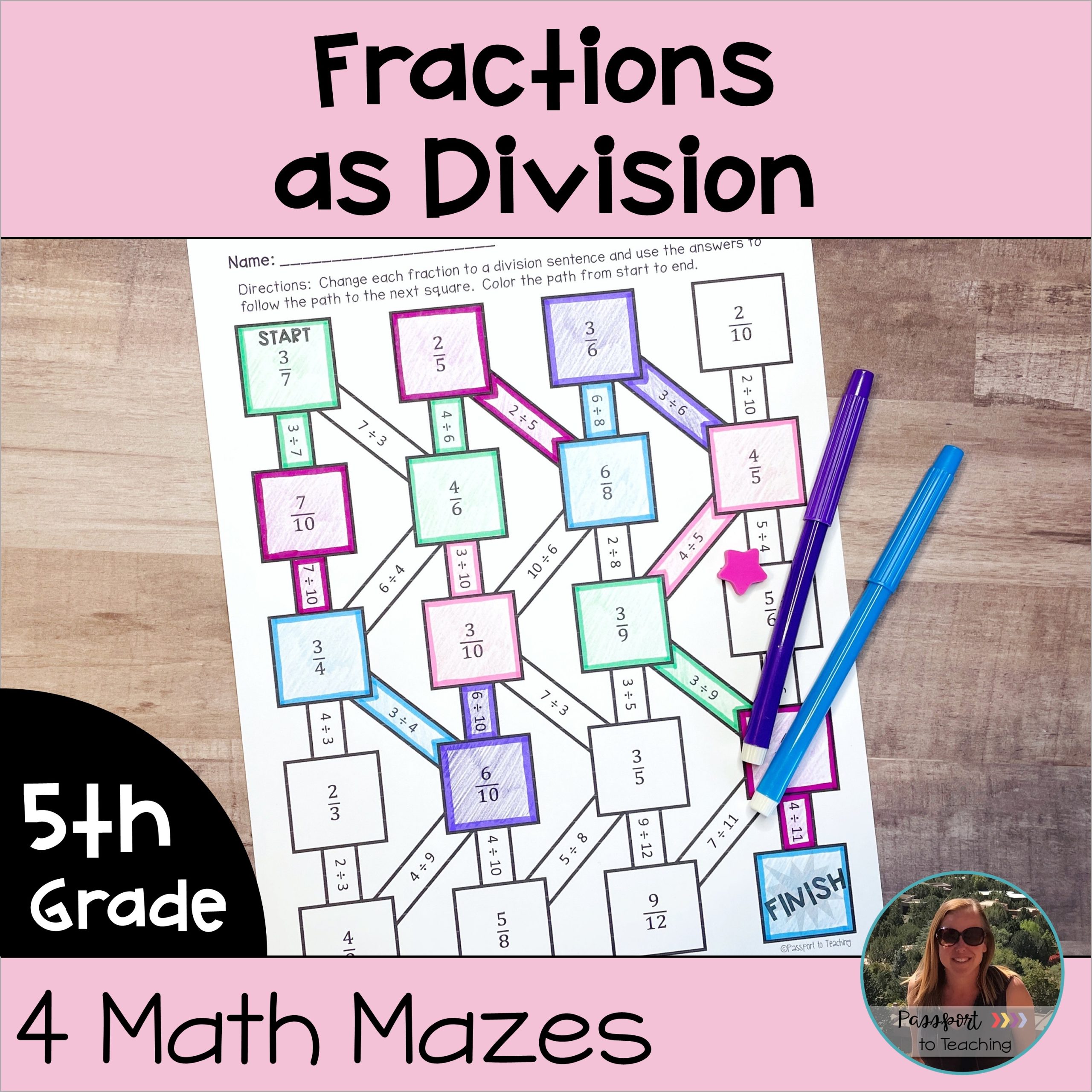 Fractions as Division Math Maze Worksheets with Word Problems - 5th Grade - 5.NF.3