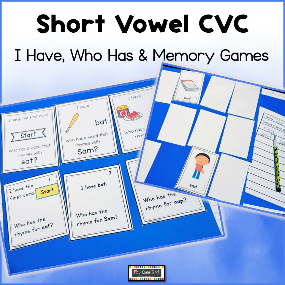 CVC word games I Have Who Has Short Vowel Rhyming Activities