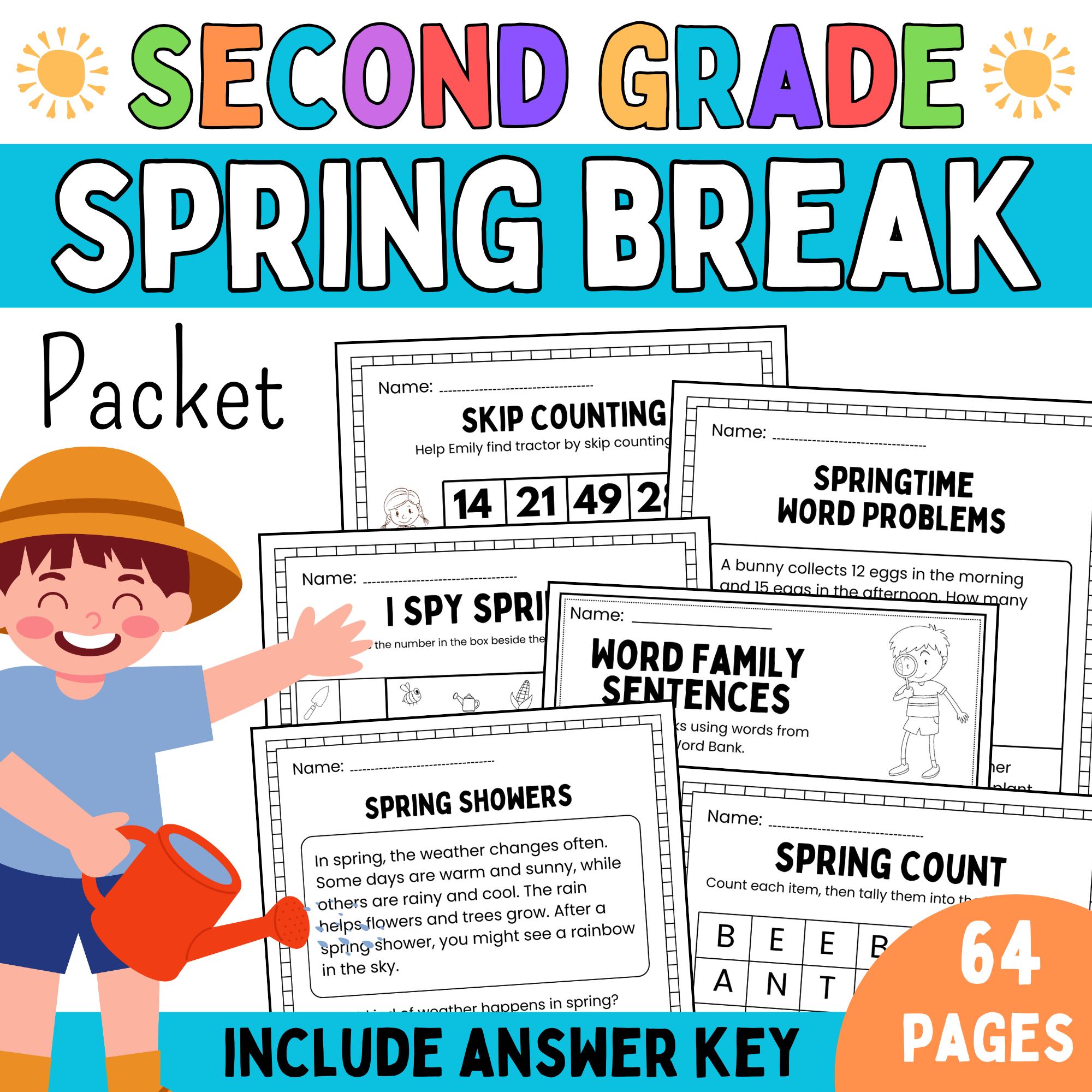2nd grade spring break packet | March reading passage, grammar, math activities