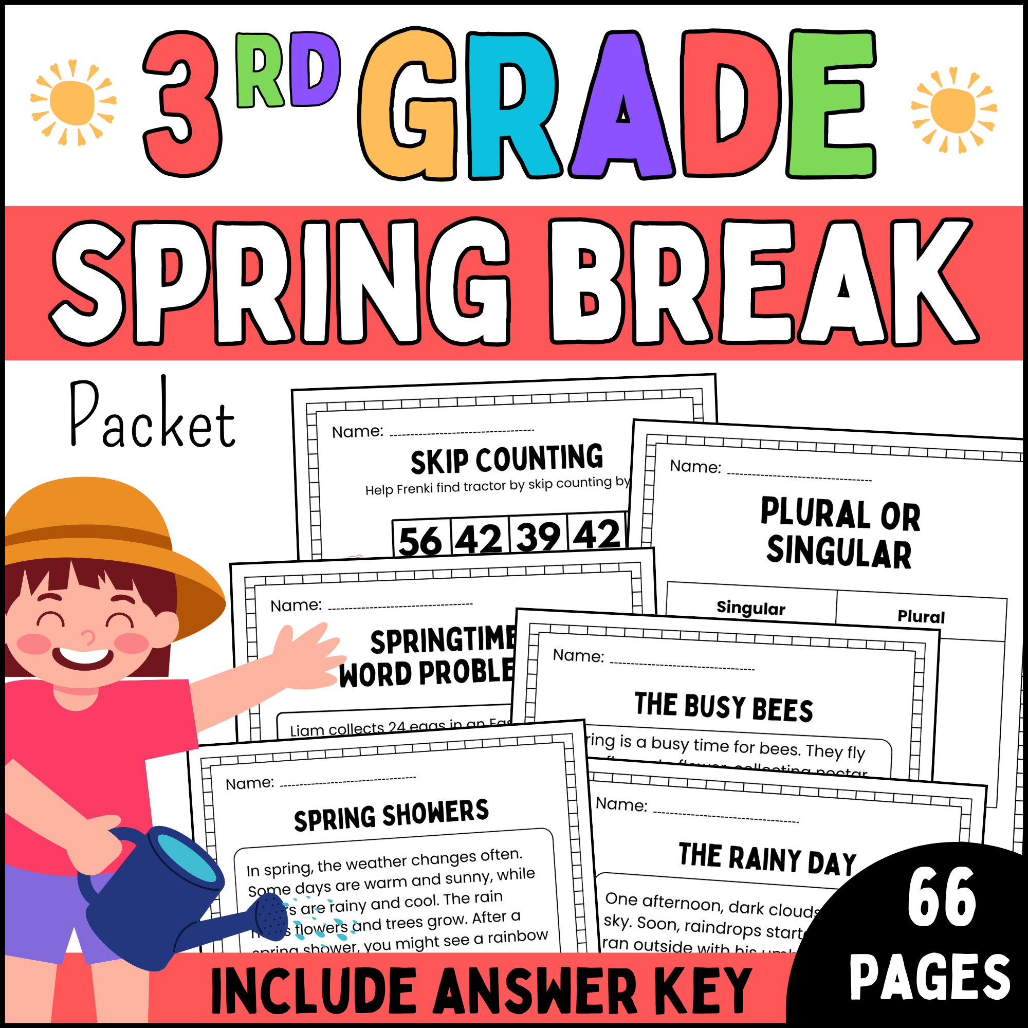 3rd grade spring break packet | March reading passage, grammar, math activities