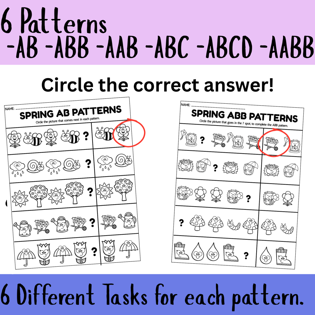 Aabb Pattern Activity Spring Math Pattern Worksheets- AB ABB AAB ABC ABCD AABB-Interactive ...