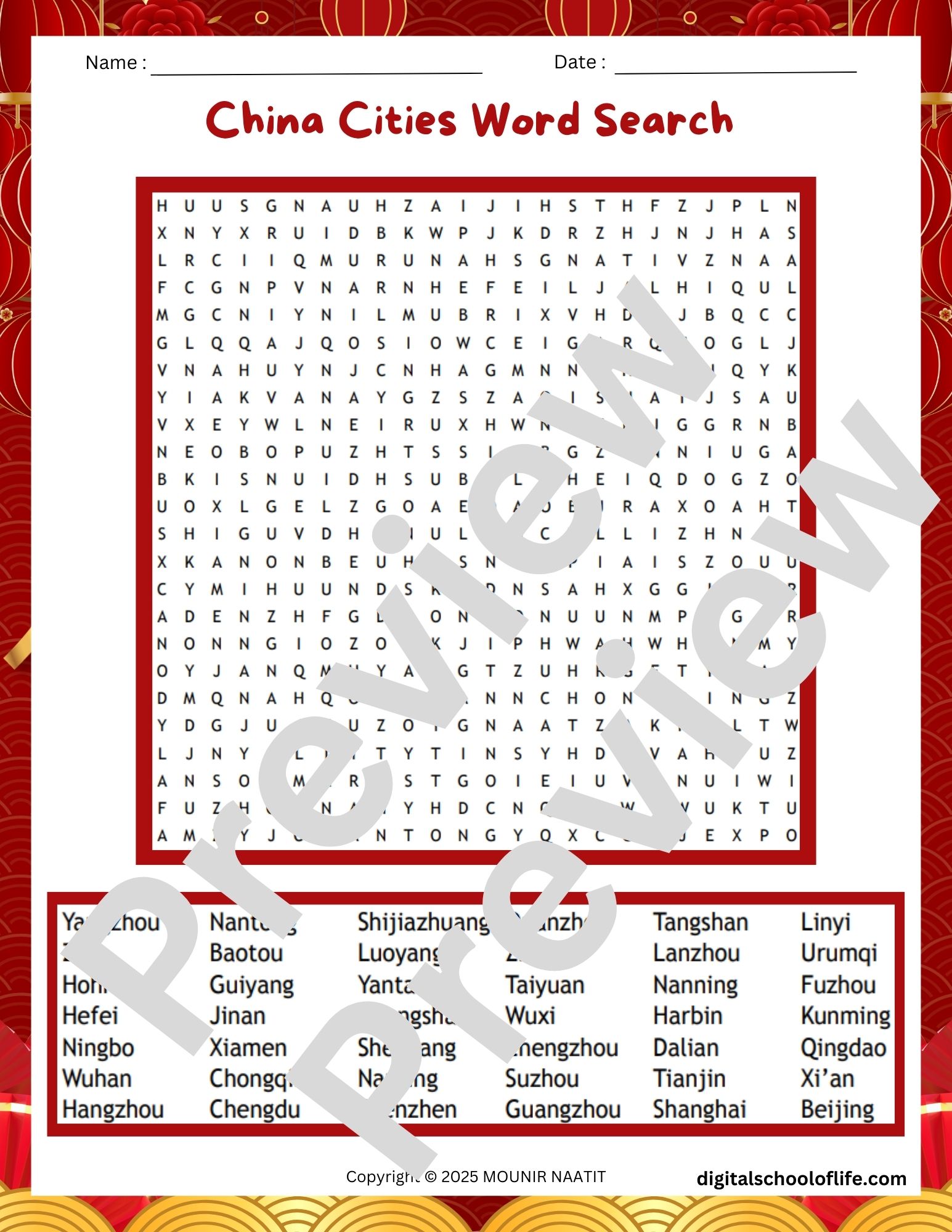 China Cities Word Search Puzzle – China Cities Words Puzzle